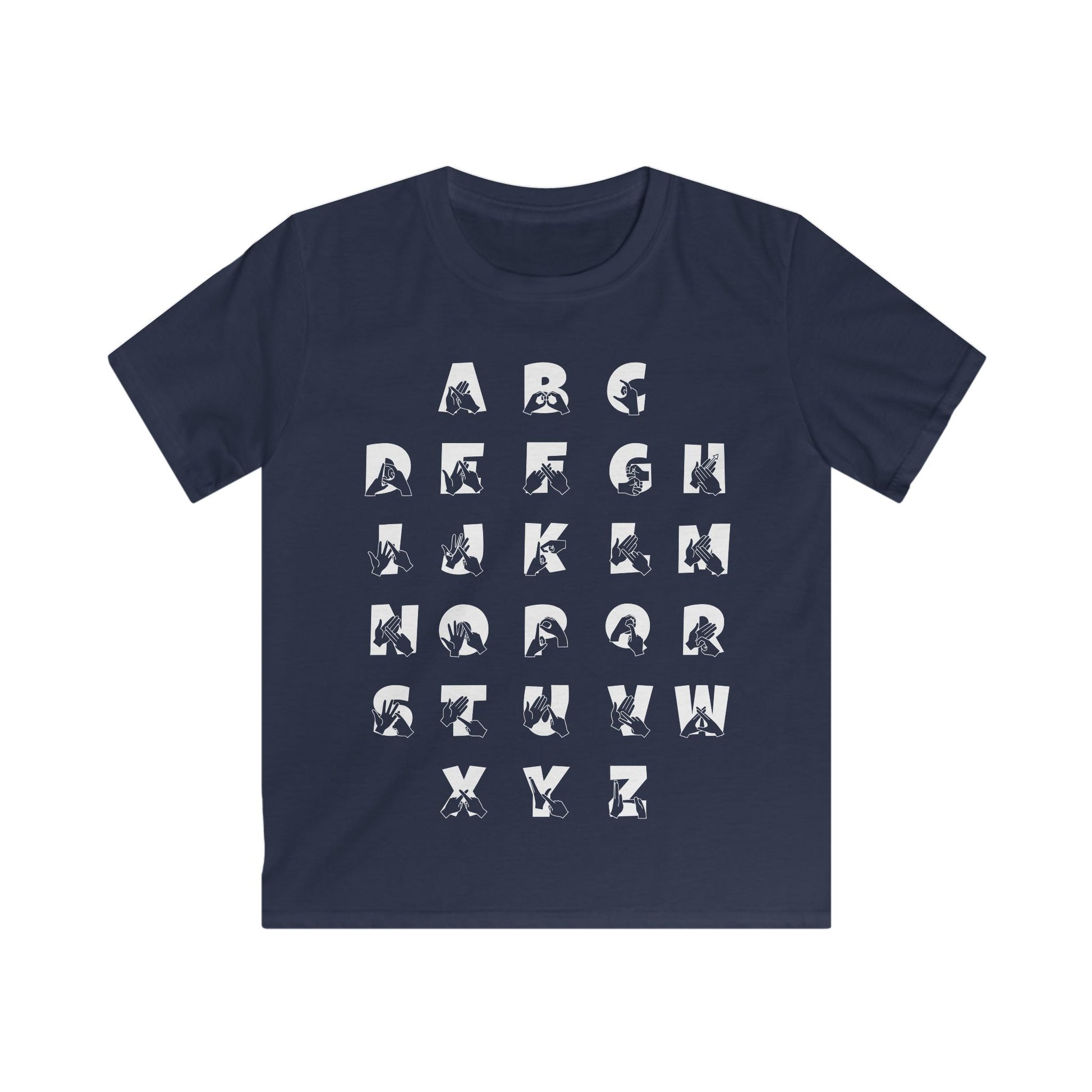 Front view of a navy t-shirt with BSL Alphabet - White Fingerspelling & Text