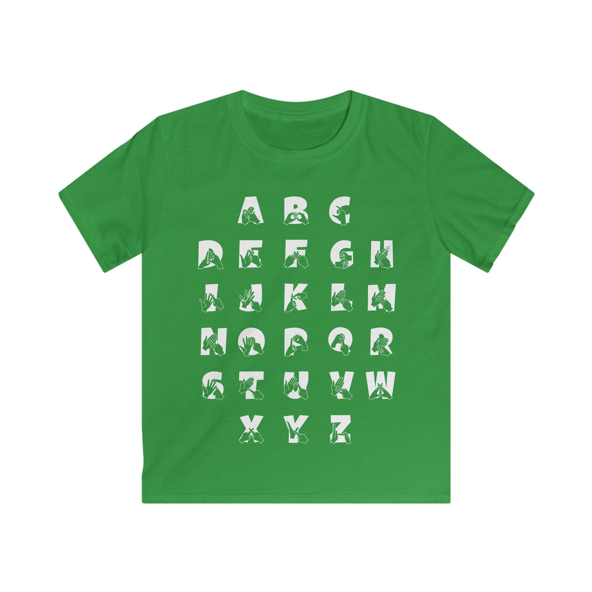 Front view of a Irish green t-shirt with BSL Alphabet - White Fingerspelling & Text