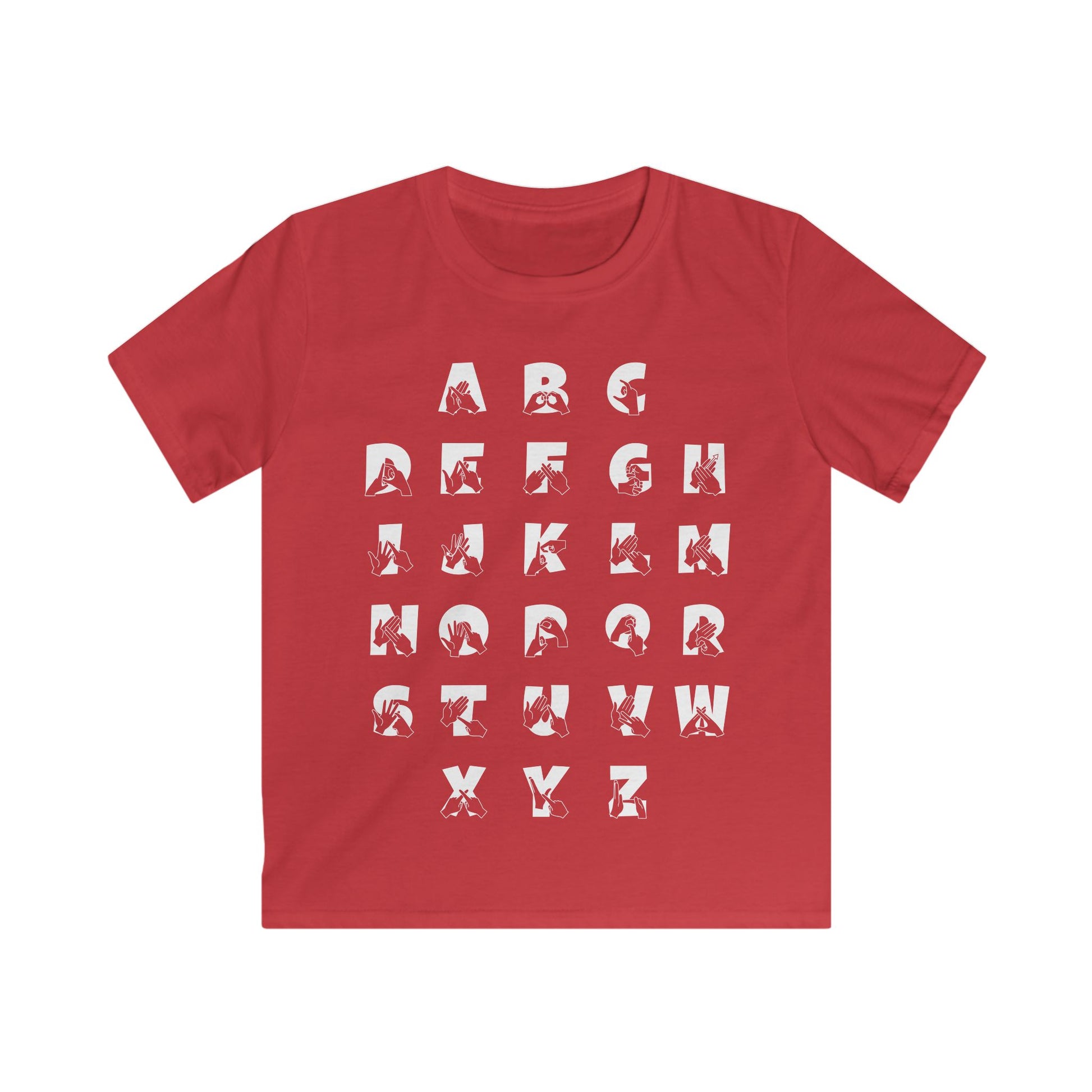 Front view of a red t-shirt with BSL Alphabet - White Fingerspelling & Text