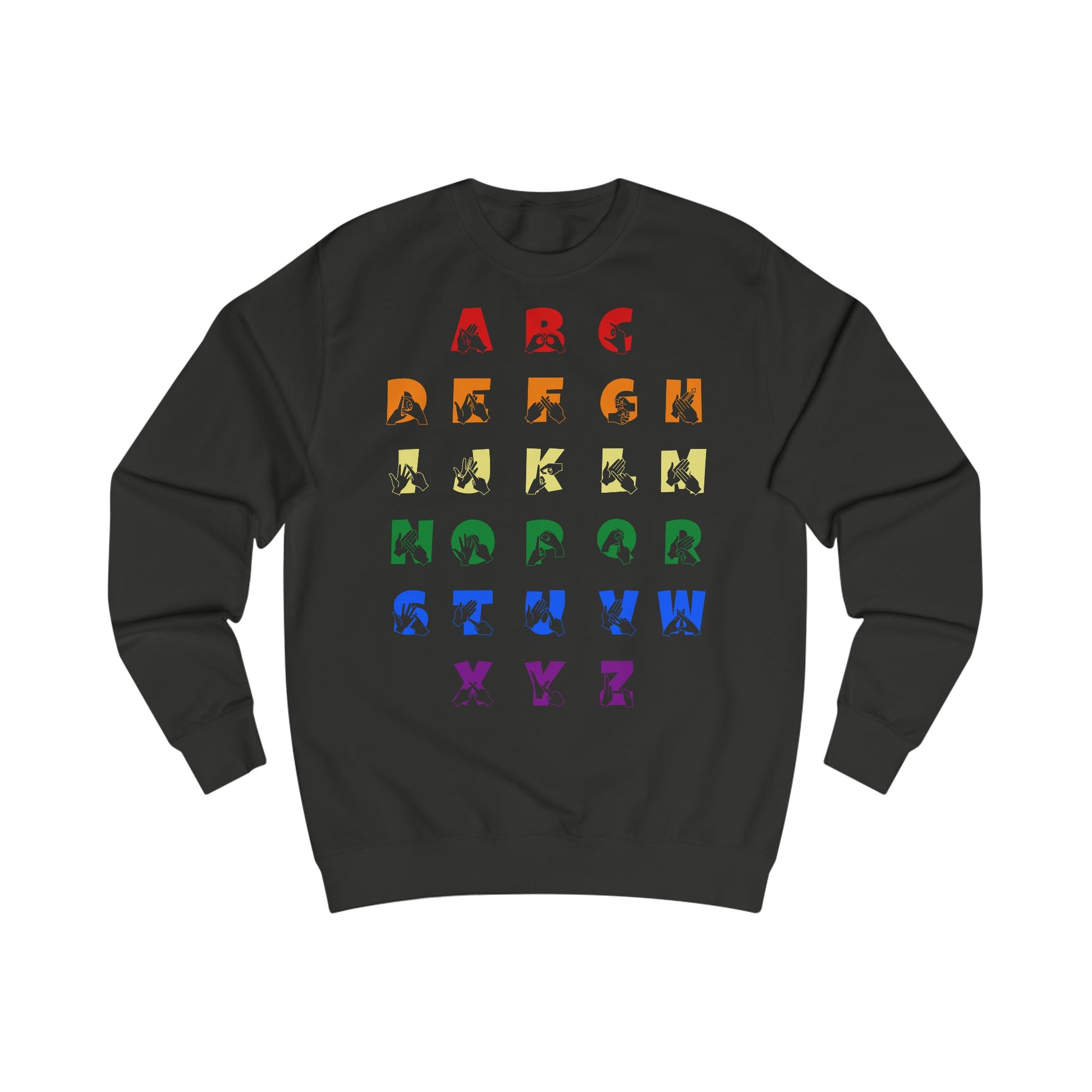 Front view of a jet black sweatshirt with BSL Alphabet - Pride Fingerspelling & Text