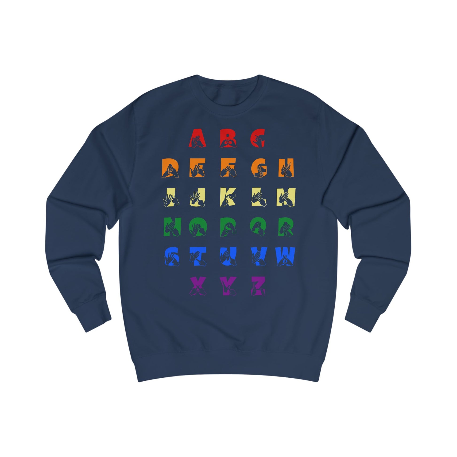 Front view of an oxford navy sweatshirt with BSL Alphabet - Pride Fingerspelling & Text