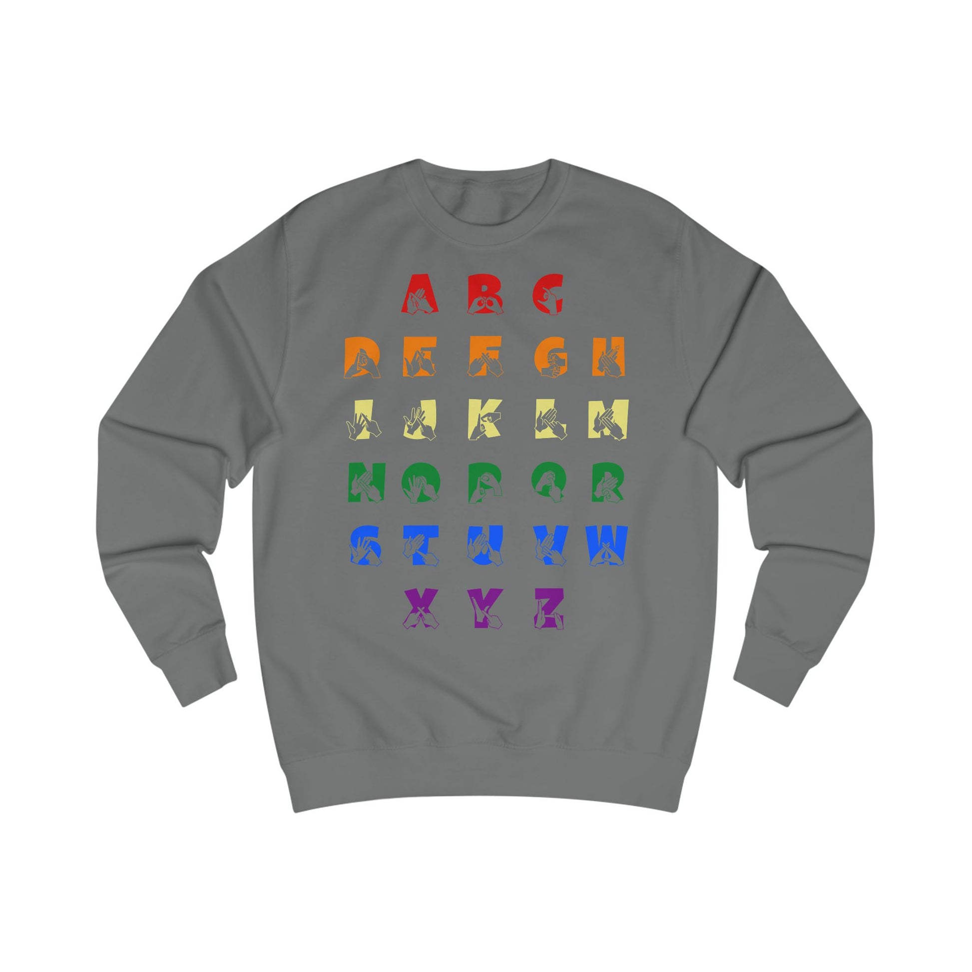 Front view of a steel grey sweatshirt with BSL Alphabet - Pride Fingerspelling & Text