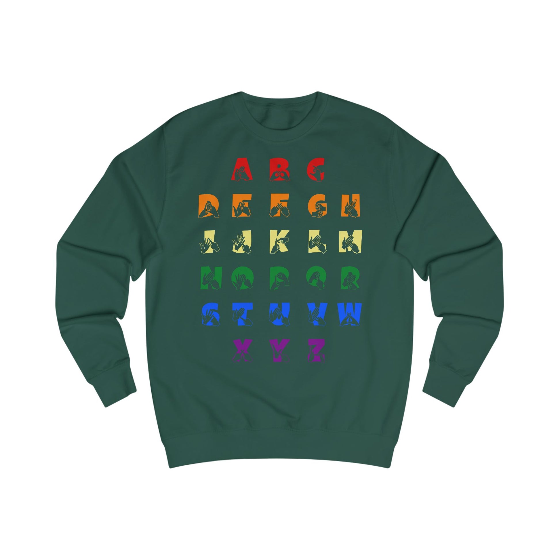 Front view of a bottle green sweatshirt with BSL Alphabet - Pride Fingerspelling & Text