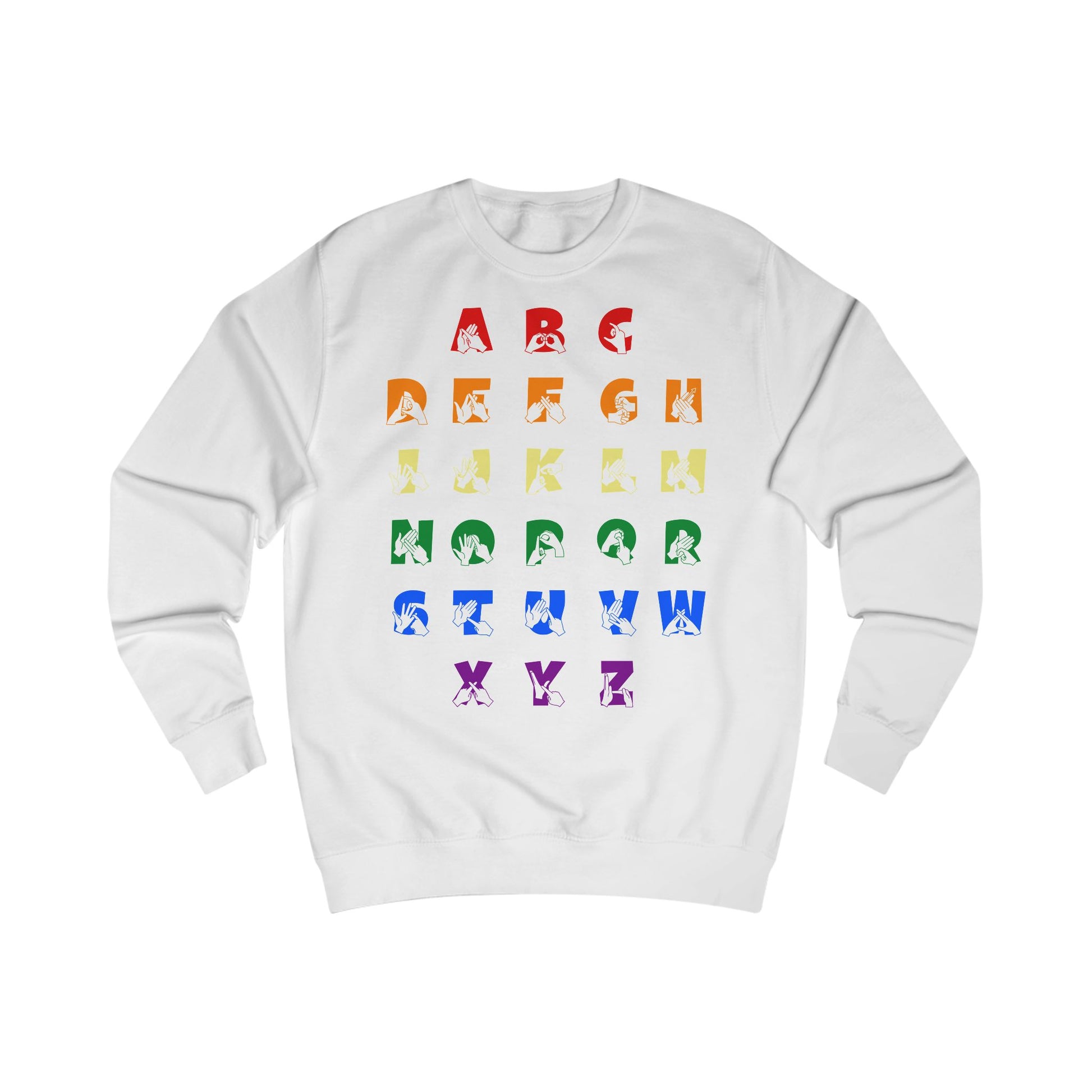 Front view of an arctic white sweatshirt with BSL Alphabet - Pride Fingerspelling & Text