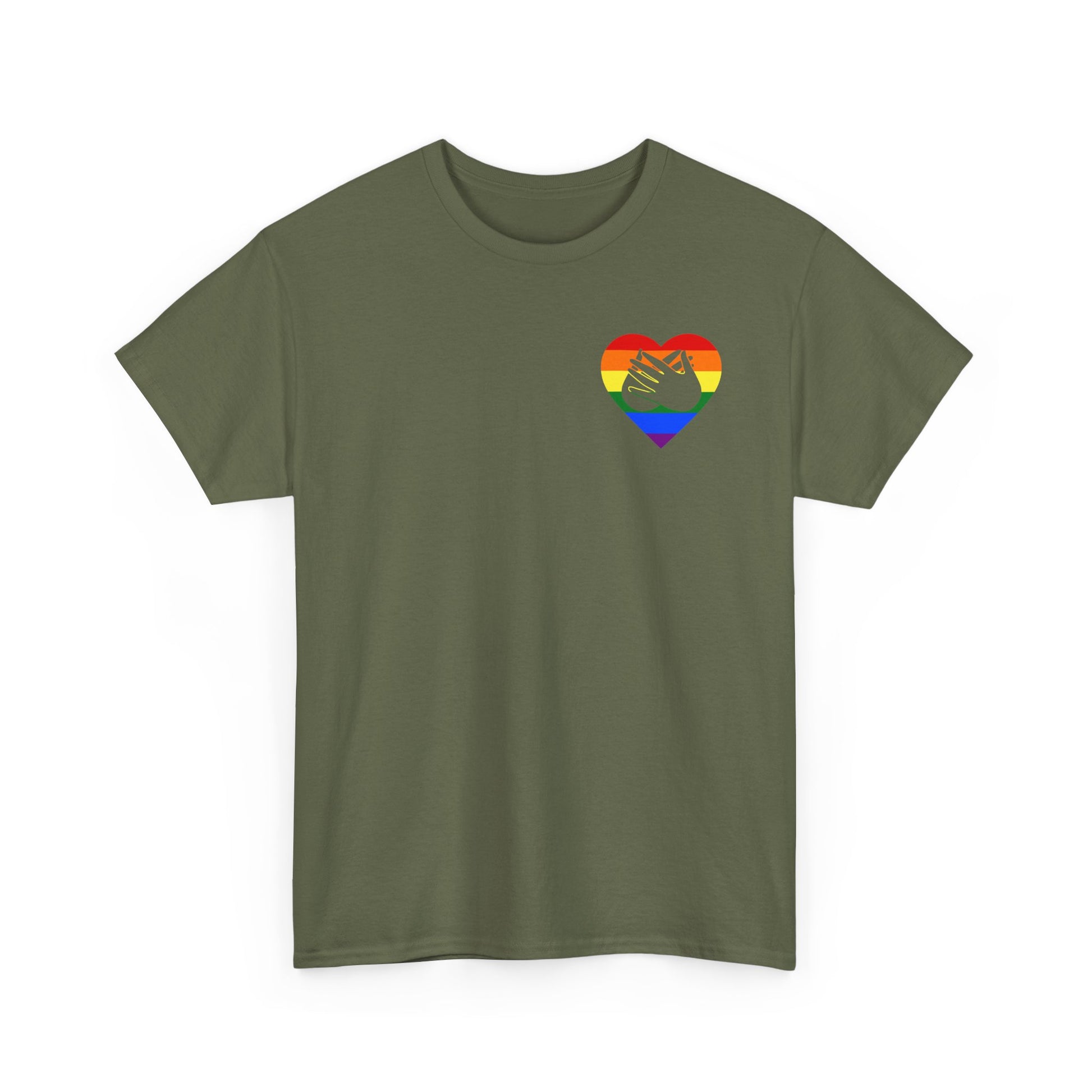 Front view of a military green T-Shirt showing a pride coloured heart and the iconic BSL Love sign embedded in it on the left side of the chest