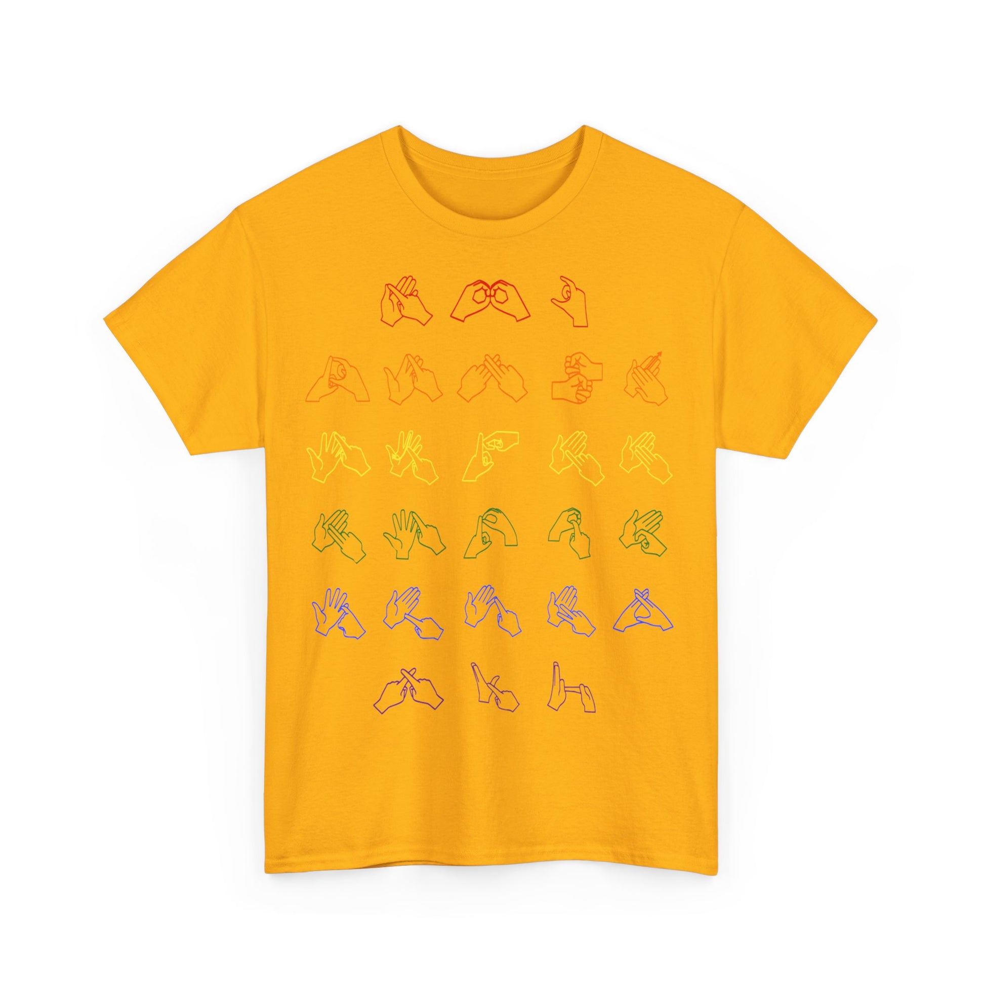 Front view of a gold t-shirt with BSL Alphabet - Pride Fingerspelling