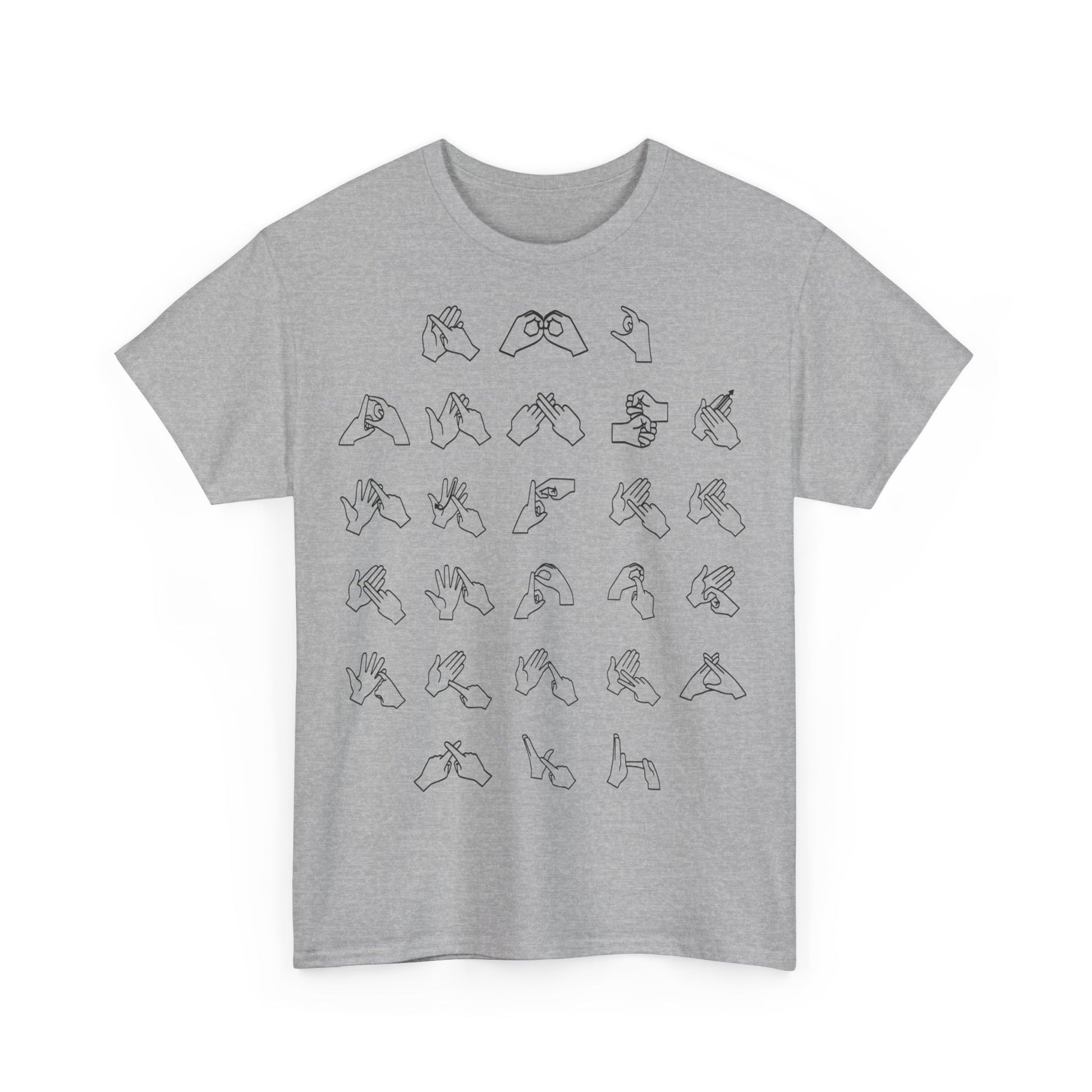 Front view of a sport grey t-shirt with BSL Alphabet - Black Fingerspelling