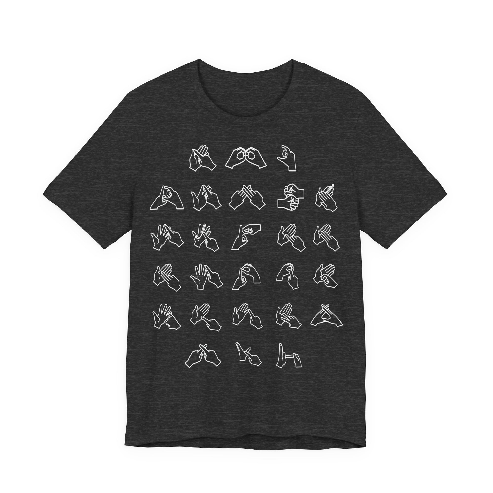 Front view of a dark heather grey t-shirt with BSL Alphabet - White Fingerspelling