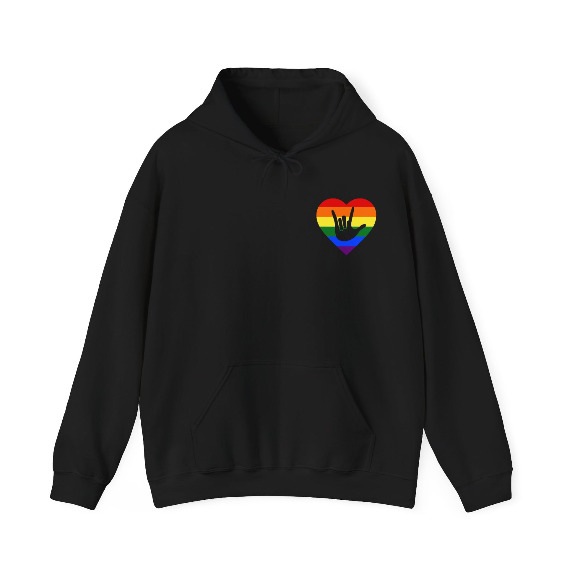 Front view of a black hoodie showing a pride coloured heart and the iconic ASL I Love You sign embedded in it on the left side of the chest