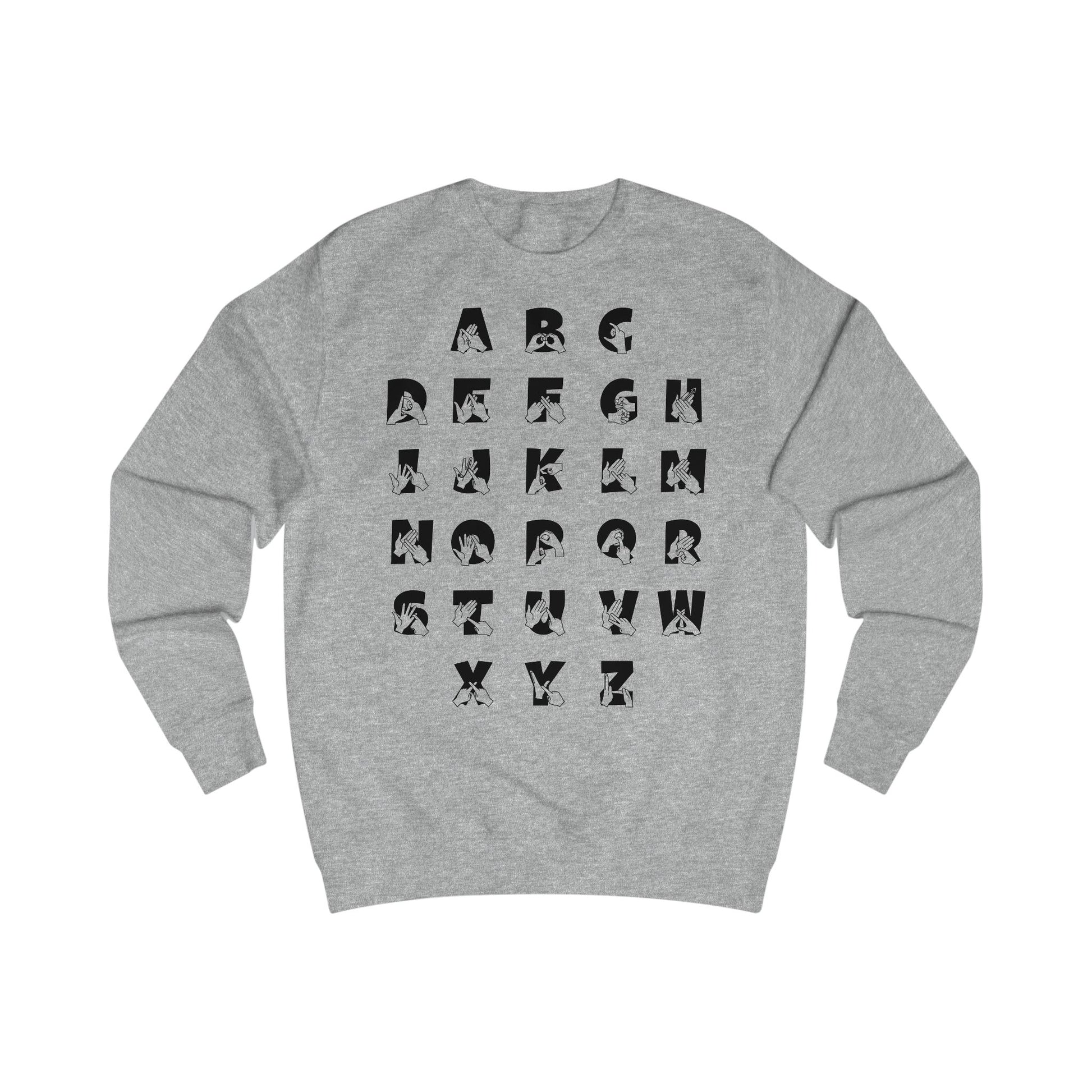 Front view of a heather grey sweatshirt with BSL Alphabet - Black Fingerspelling & Text