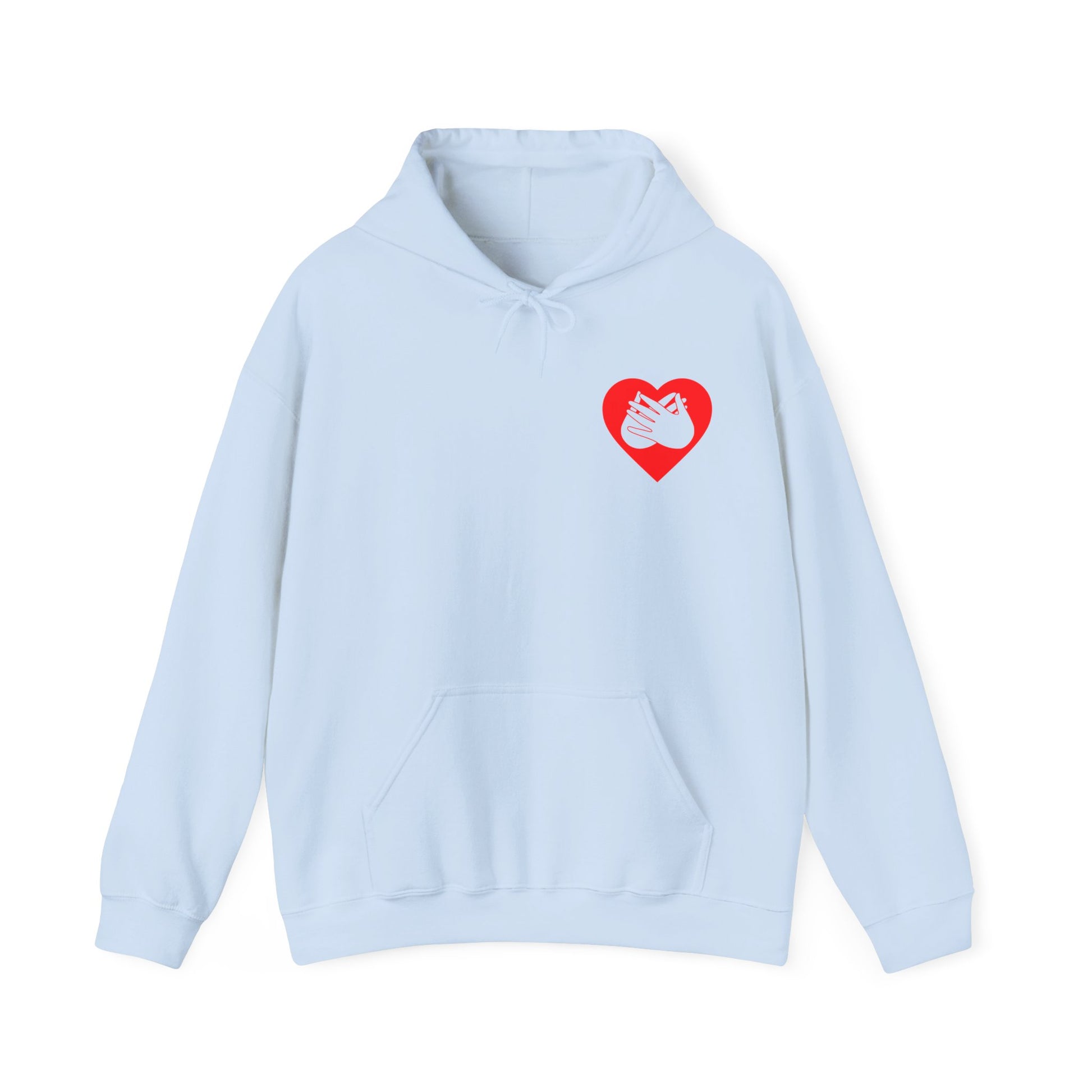 Front view of a light blue hoodie showing a red coloured heart and the iconic BSL Love sign embedded in it on the left side of the chest