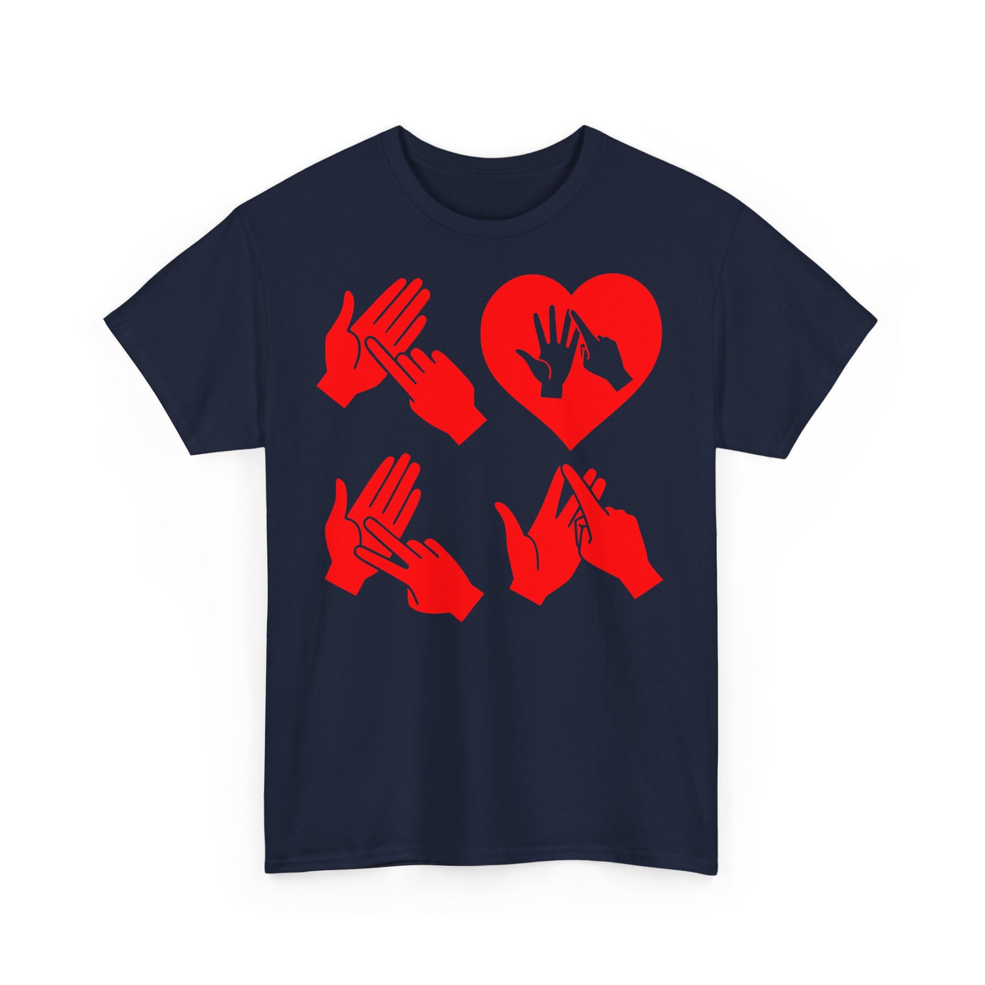 Front view of a navy T-Shirt with the word Love in red BSL Fingerspelling with the 'O' embedded in a heart shape