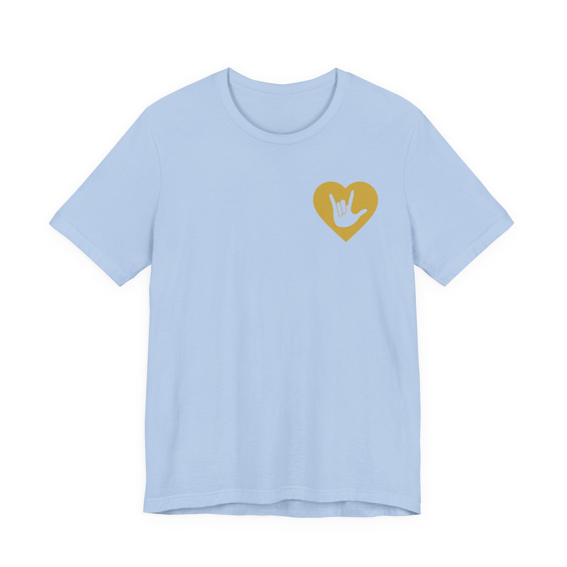 Front view of a baby blue T-Shirt showing a gold coloured heart and the iconic ASL I Love You sign embedded in it on the left side of the chest