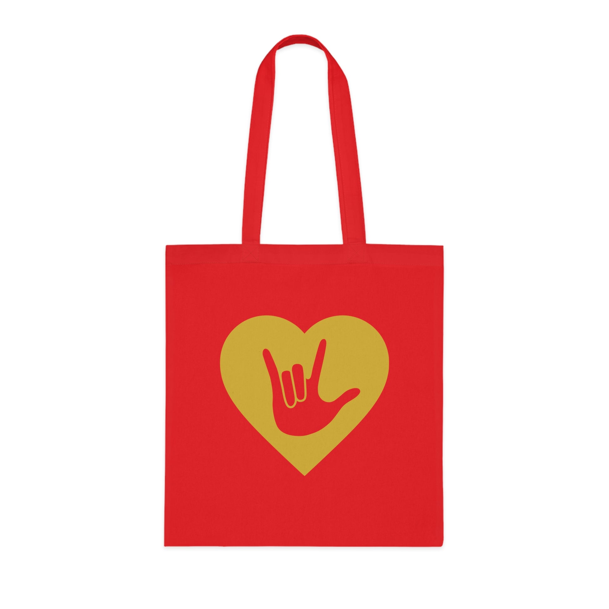 Red Tote Bag showing a gold coloured heart with the iconic ASL I Love You sign embedded in it