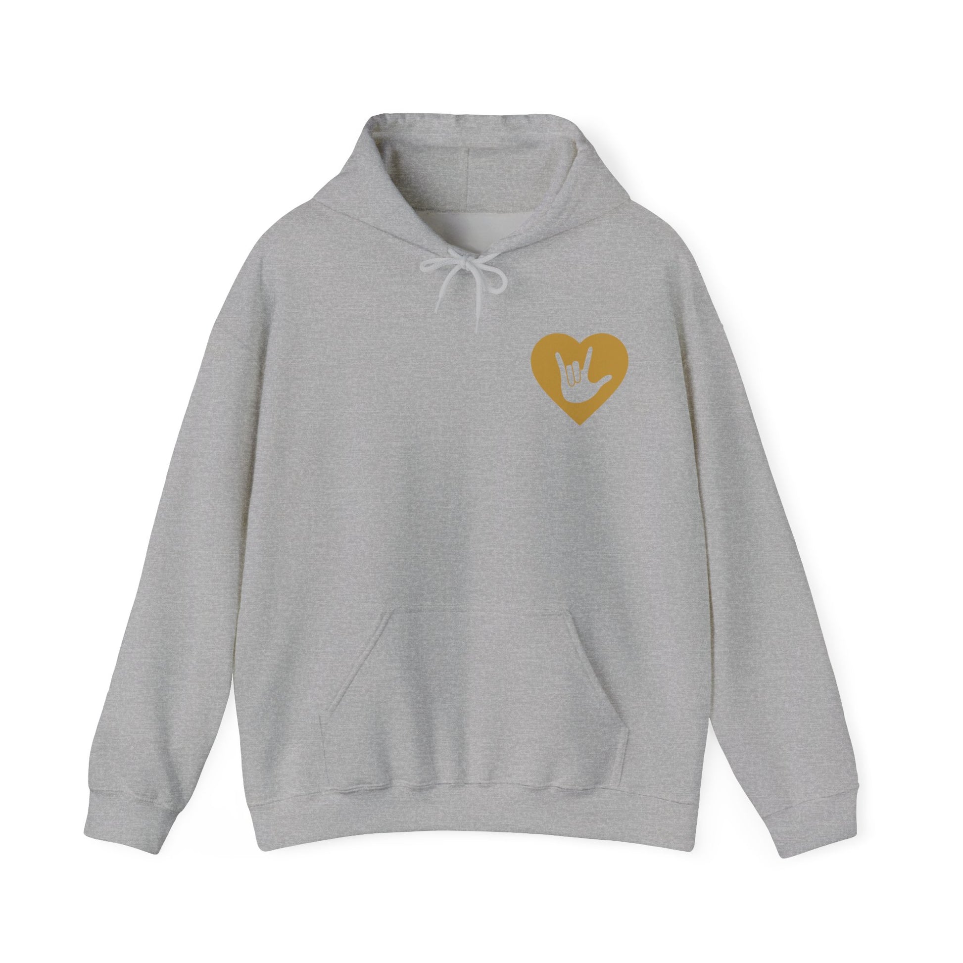 Front view of a sport grey hoodie showing a gold coloured heart and the iconic ASL I Love You sign embedded in it on the left side of the chest