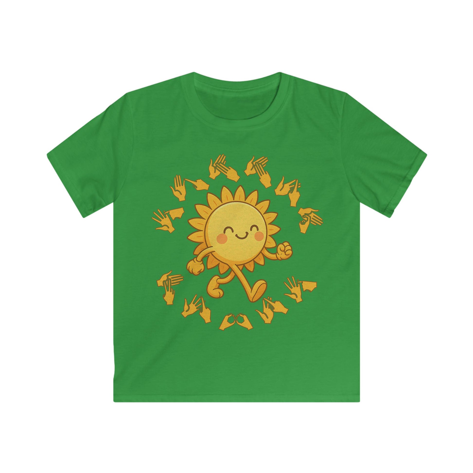 Irish green kids' t-shirt with a cheerful sunshine character and the phrase "summer vibes" in bold BSL fingerspelling handshapes, in a lightly textured style.