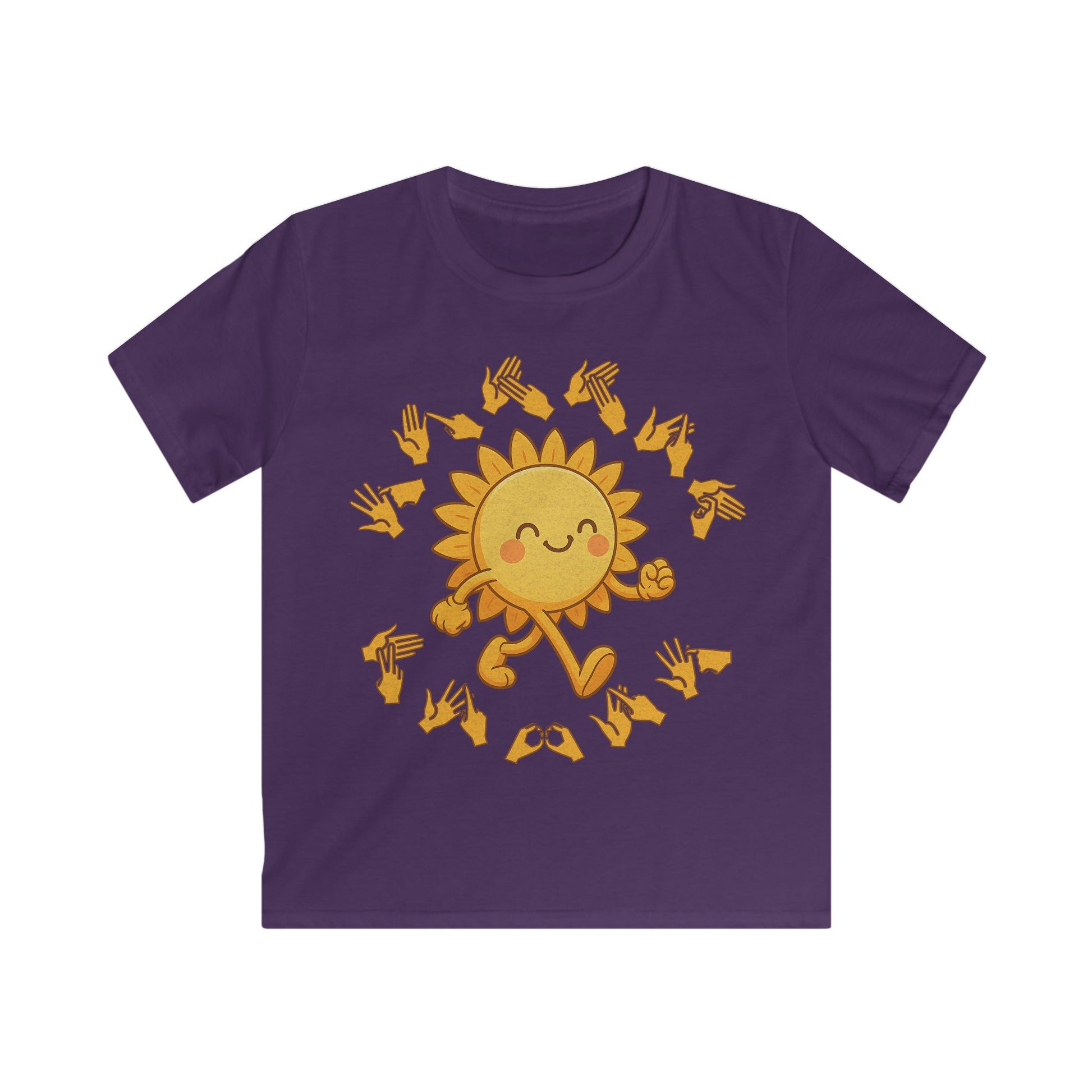 Purple kids' t-shirt with a cheerful sunshine character and the phrase "summer vibes" in bold BSL fingerspelling handshapes, in a lightly textured style.