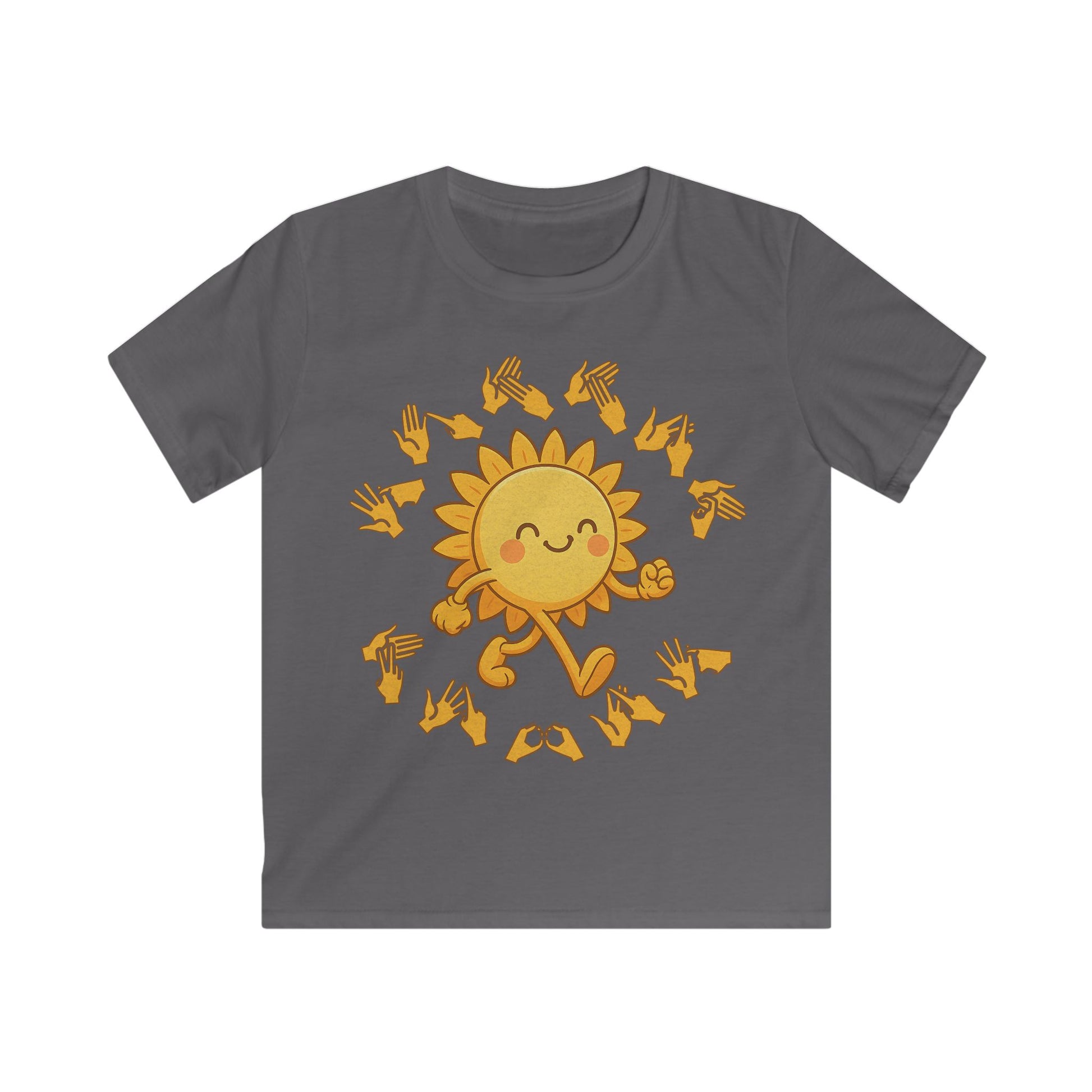 Charcoal kids' t-shirt with a cheerful sunshine character and the phrase "summer vibes" in bold BSL fingerspelling handshapes, in a lightly textured style.