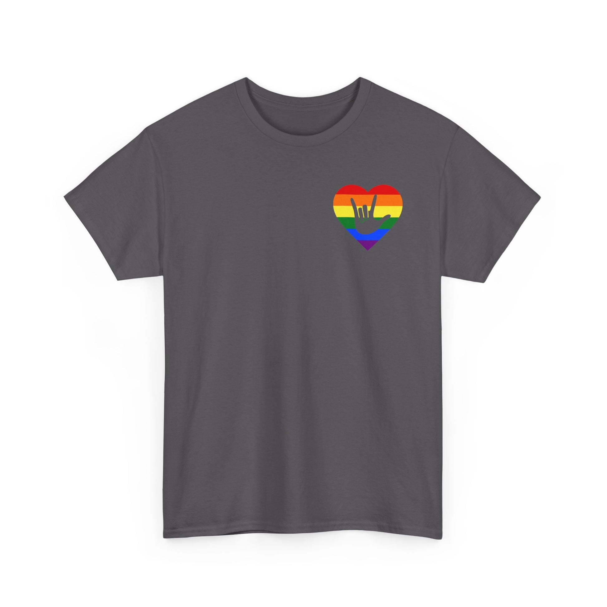 Front view of a charcoal T-Shirt showing a pride coloured heart and the iconic ASL I Love You sign embedded in it on the left side of the chest