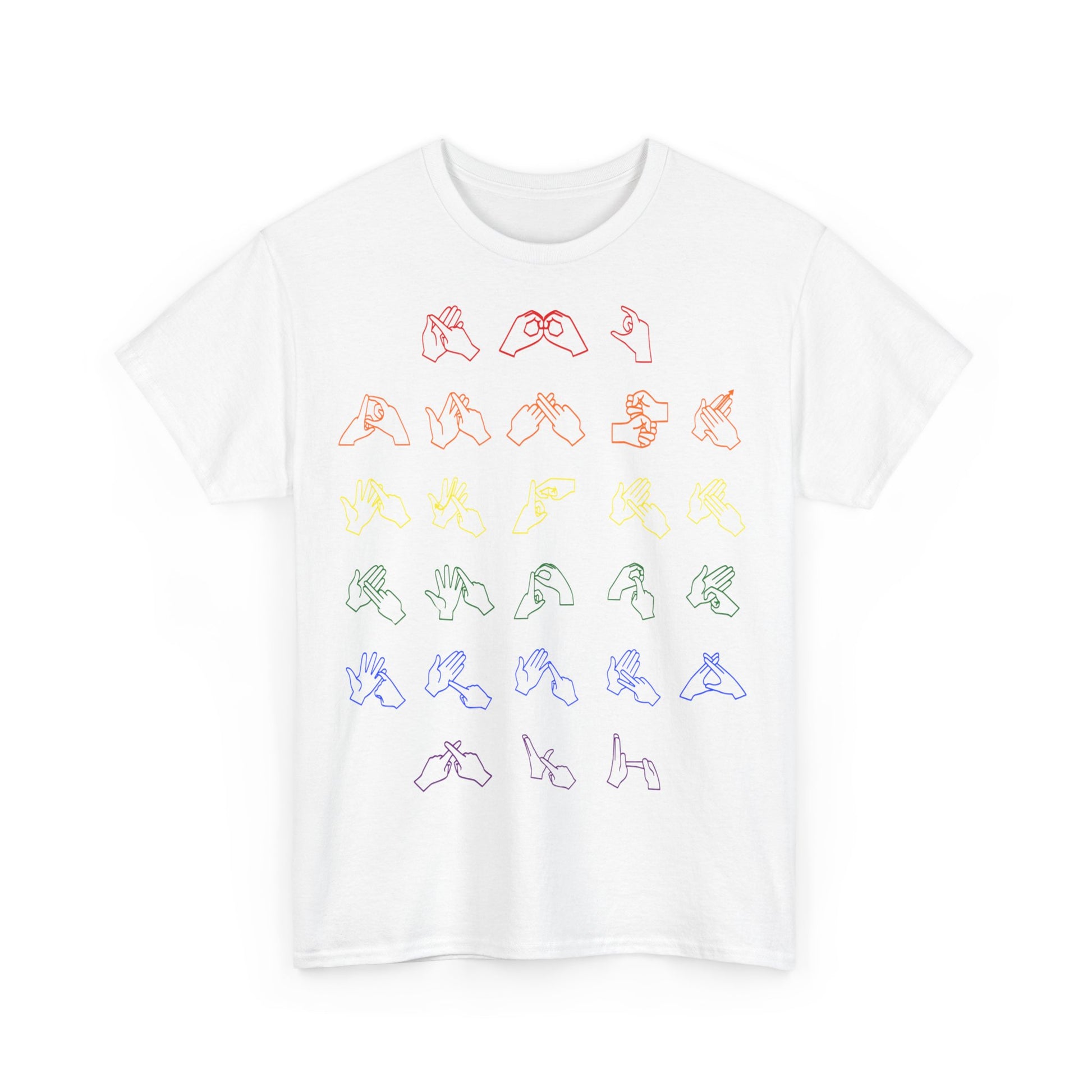 Front view of a white t-shirt with BSL Alphabet - Pride Fingerspelling