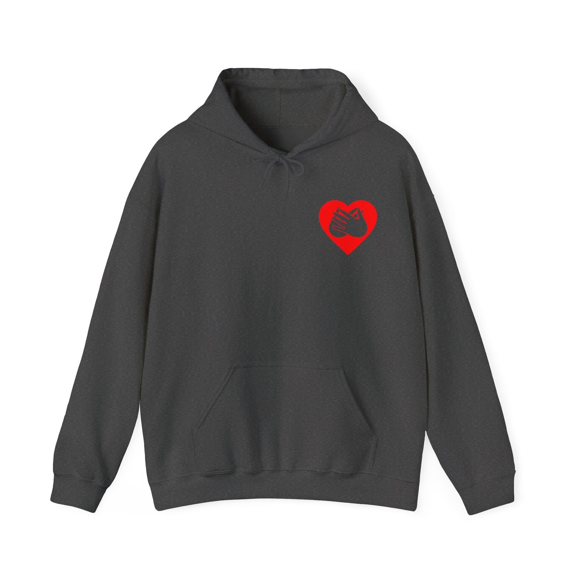 Front view of a dark heather hoodie showing a red coloured heart and the iconic BSL Love sign embedded in it on the left side of the chest