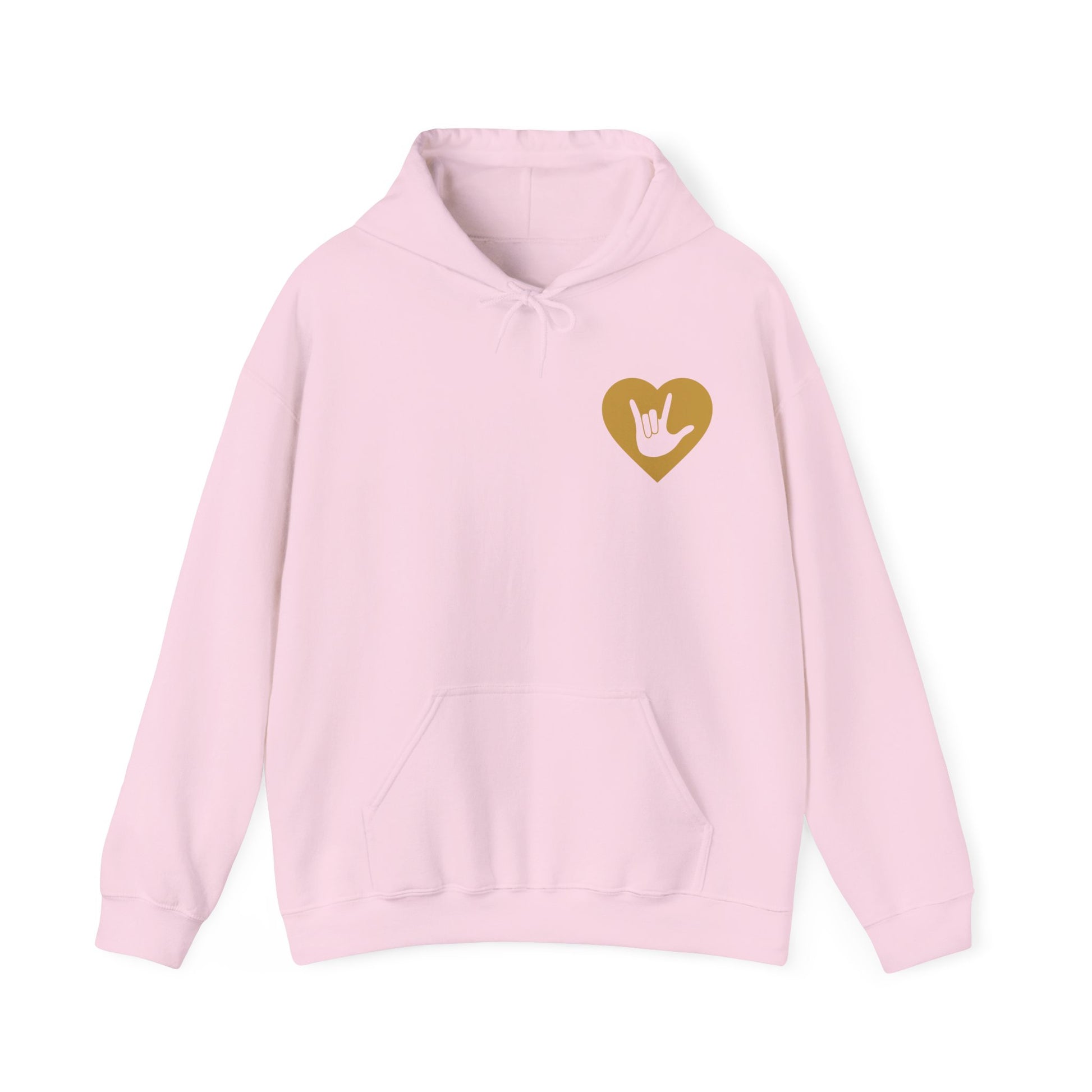 Front view of a light pink hoodie showing a gold coloured heart and the iconic ASL I Love You sign embedded in it on the left side of the chest