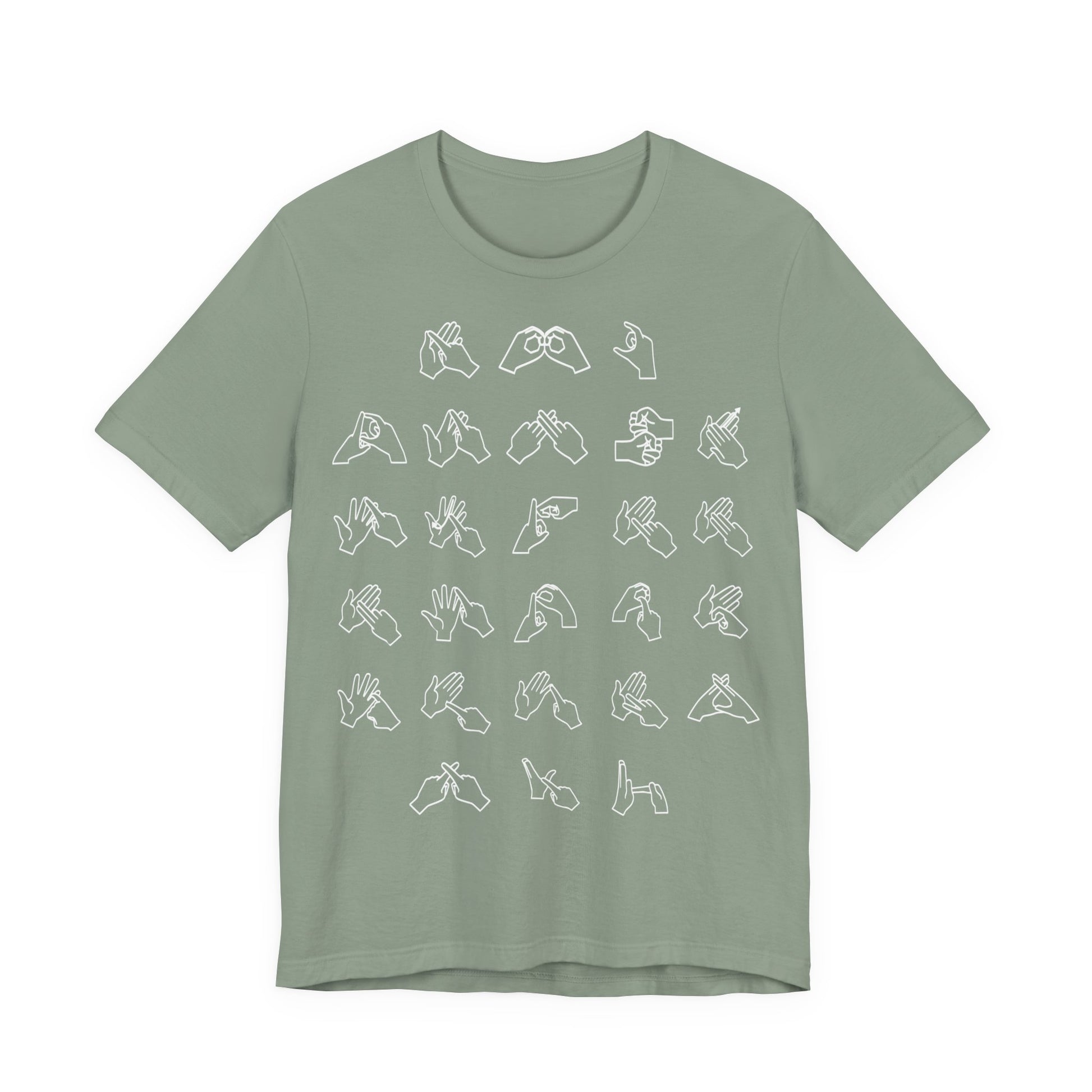 Front view of a sage t-shirt with BSL Alphabet - White Fingerspelling