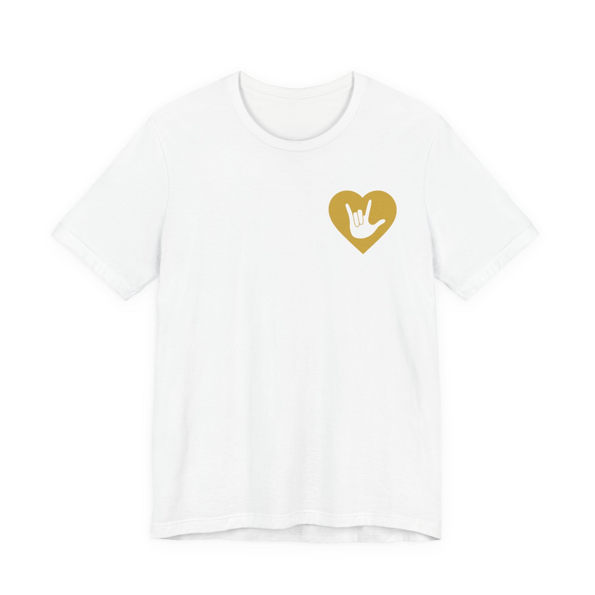 Front view of a white T-Shirt showing a gold coloured heart and the iconic ASL I Love You sign embedded in it on the left side of the chest