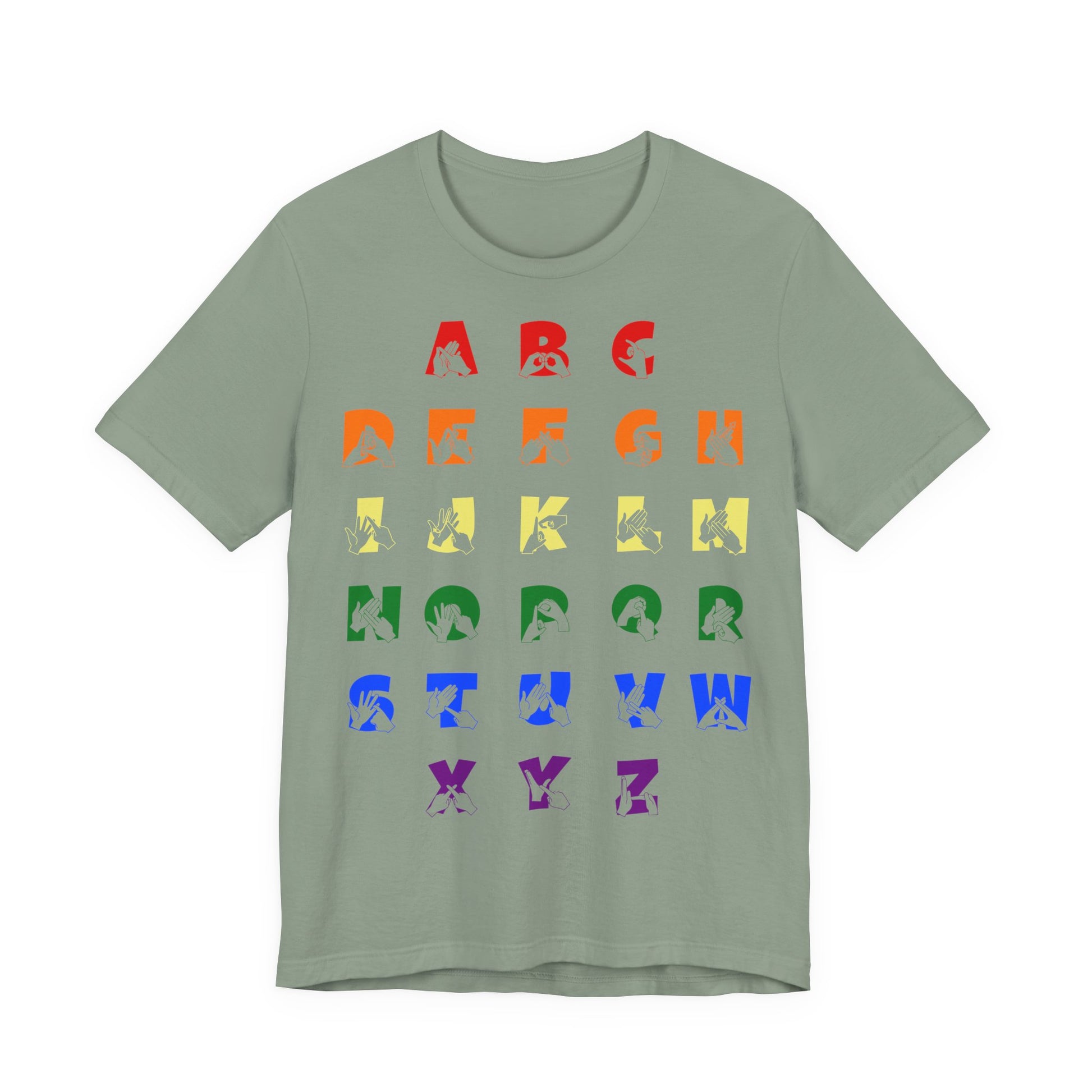 Front view of a sage t-shirt with BSL Alphabet - Pride Fingerspelling & Text