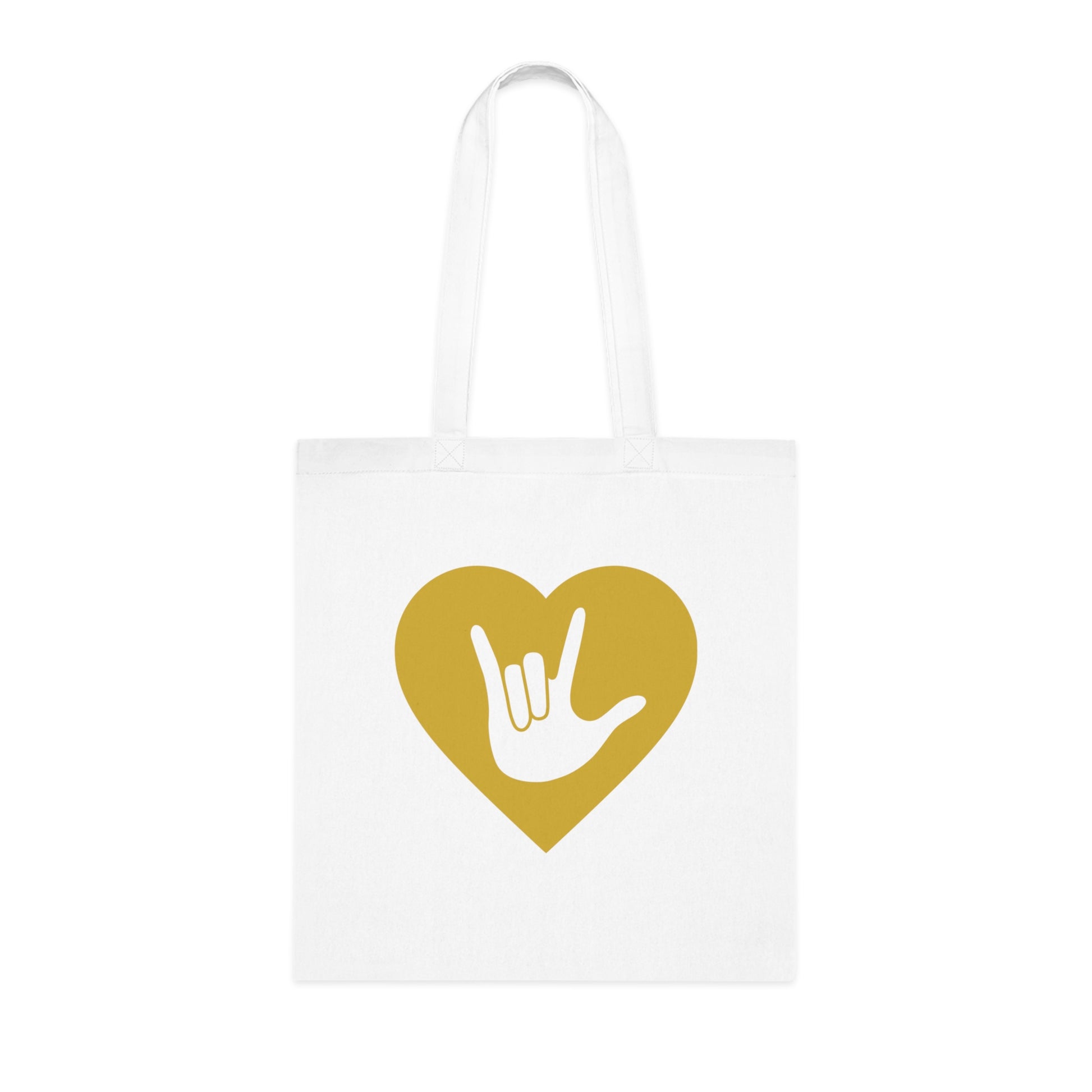 White Tote Bag showing a gold coloured heart with the iconic ASL I Love You sign embedded in it