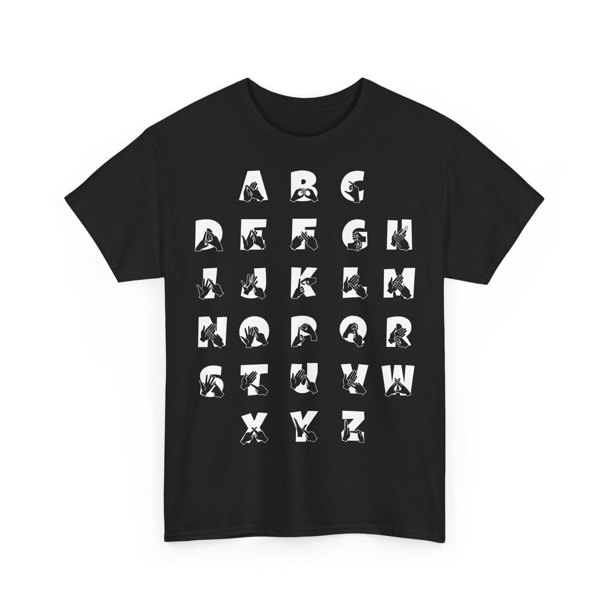 Front view of a Black t-shirt with BSL Alphabet - White Fingerspelling & Text