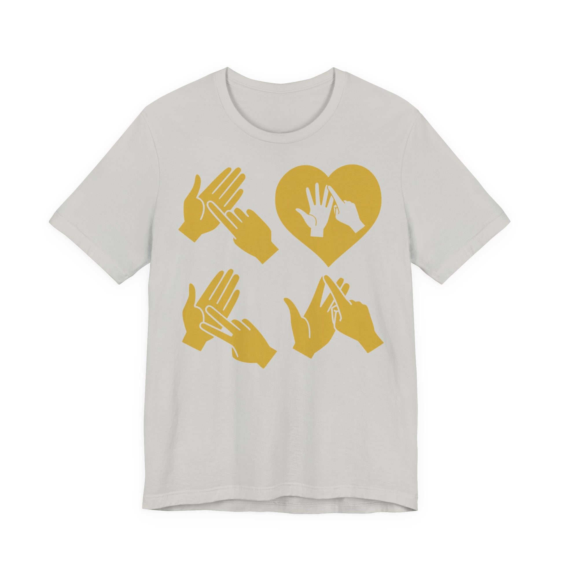Front view of a silver T-Shirt with the word Love in gold BSL Fingerspelling with the 'O' embedded in a heart shape
