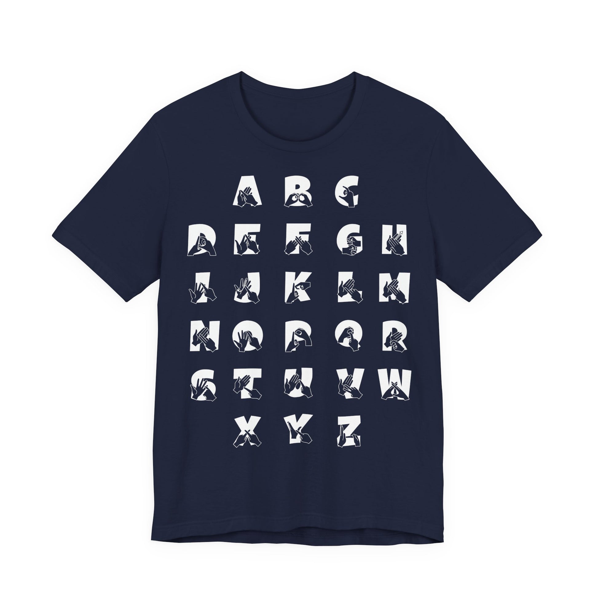 Front view of a navy t-shirt with BSL Alphabet - White Fingerspelling & Text