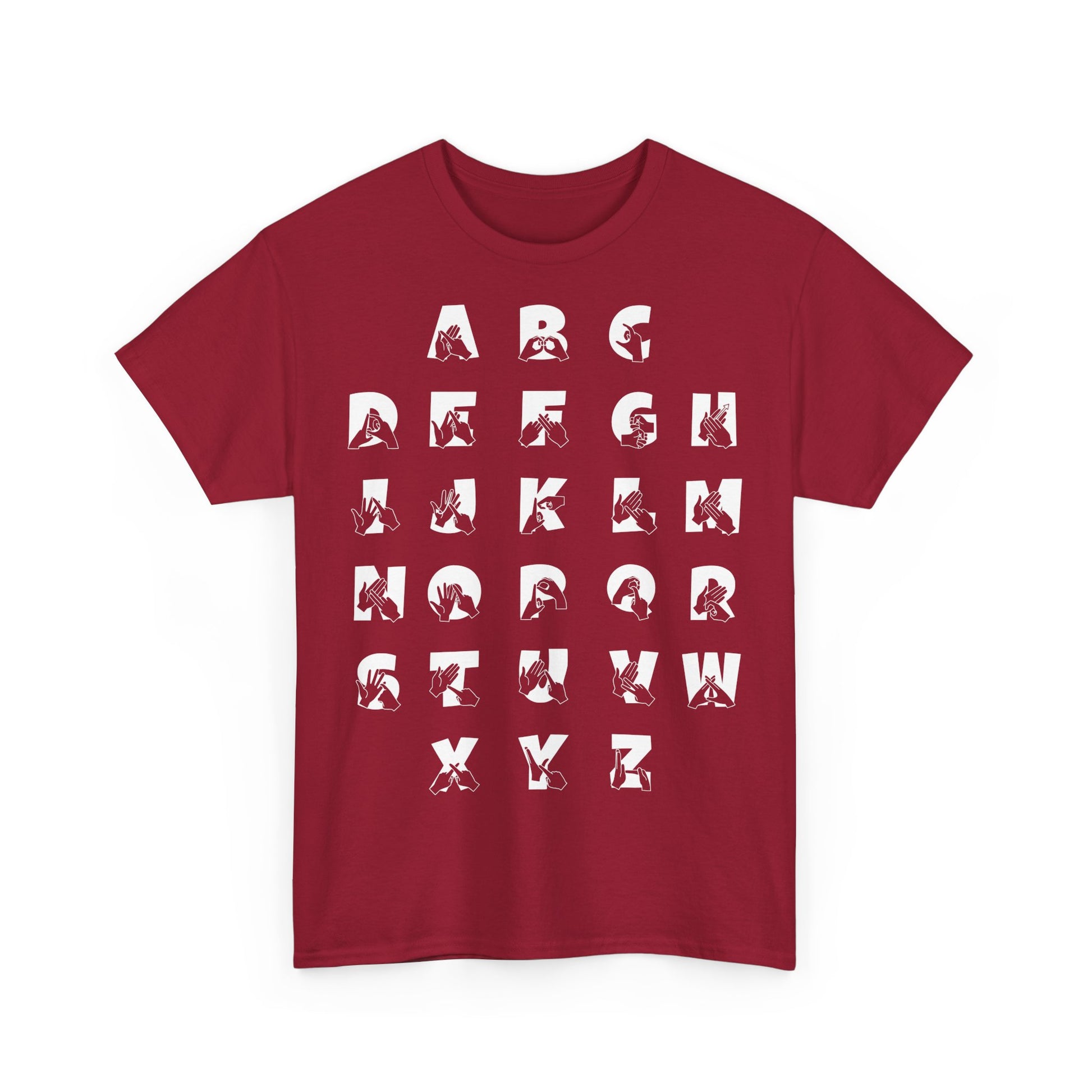 Front view of a Cardinal Red t-shirt with BSL Alphabet - White Fingerspelling & Text