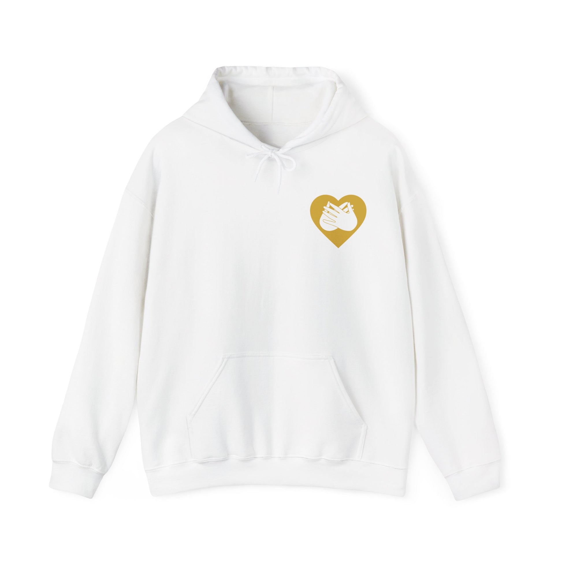 Front view of a white hoodie showing a gold coloured heart and the iconic BSL Love sign embedded in it on the left side of the chest