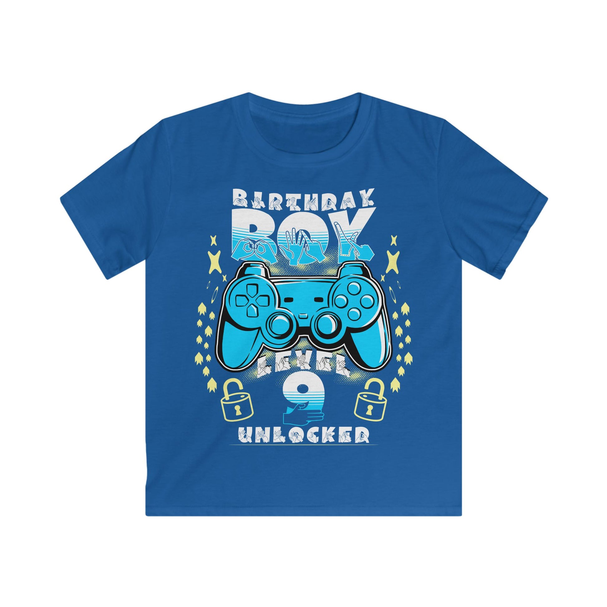 Royal t-shirt with the phrase "Birthday Boy" above a gaming controller, the word "Level" below it, a customisable age underneath, and stars surrounding the design.