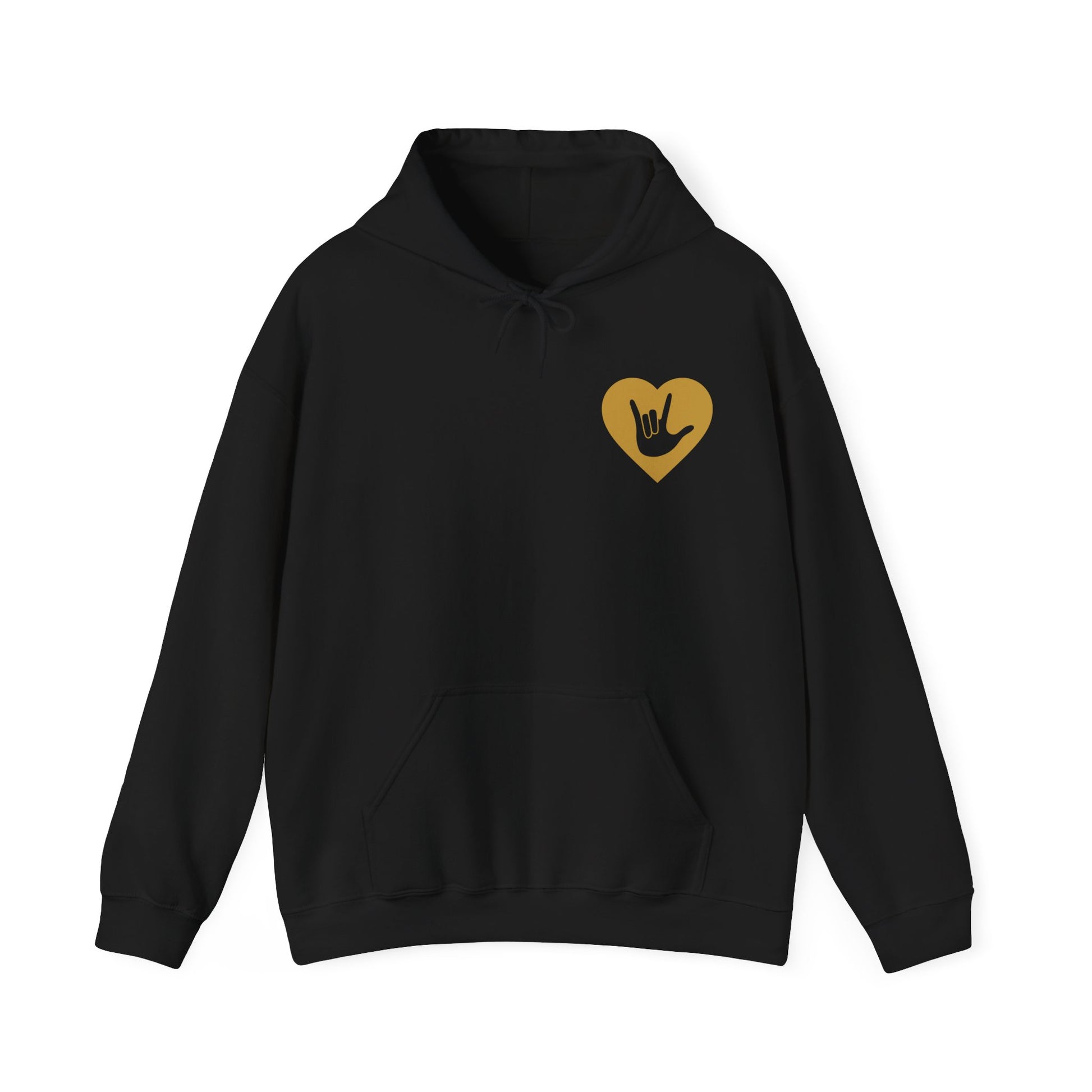 Front view of a black hoodie showing a gold coloured heart and the iconic ASL I Love You sign embedded in it on the left side of the chest