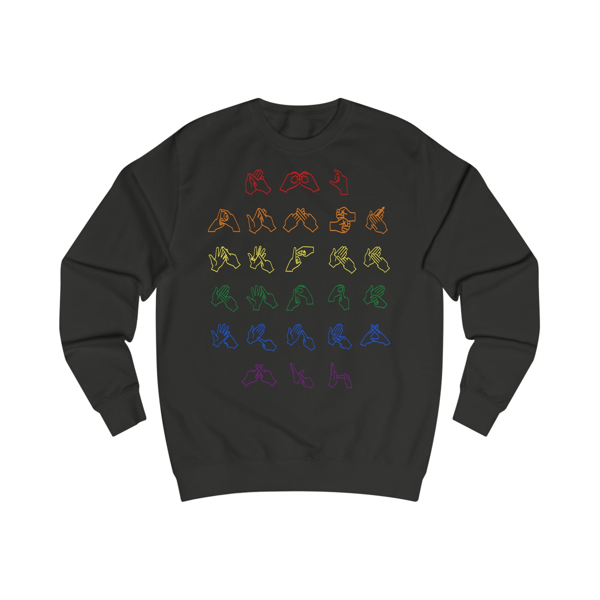 Front view of a jet black sweatshirt with BSL Alphabet - Pride Fingerspelling