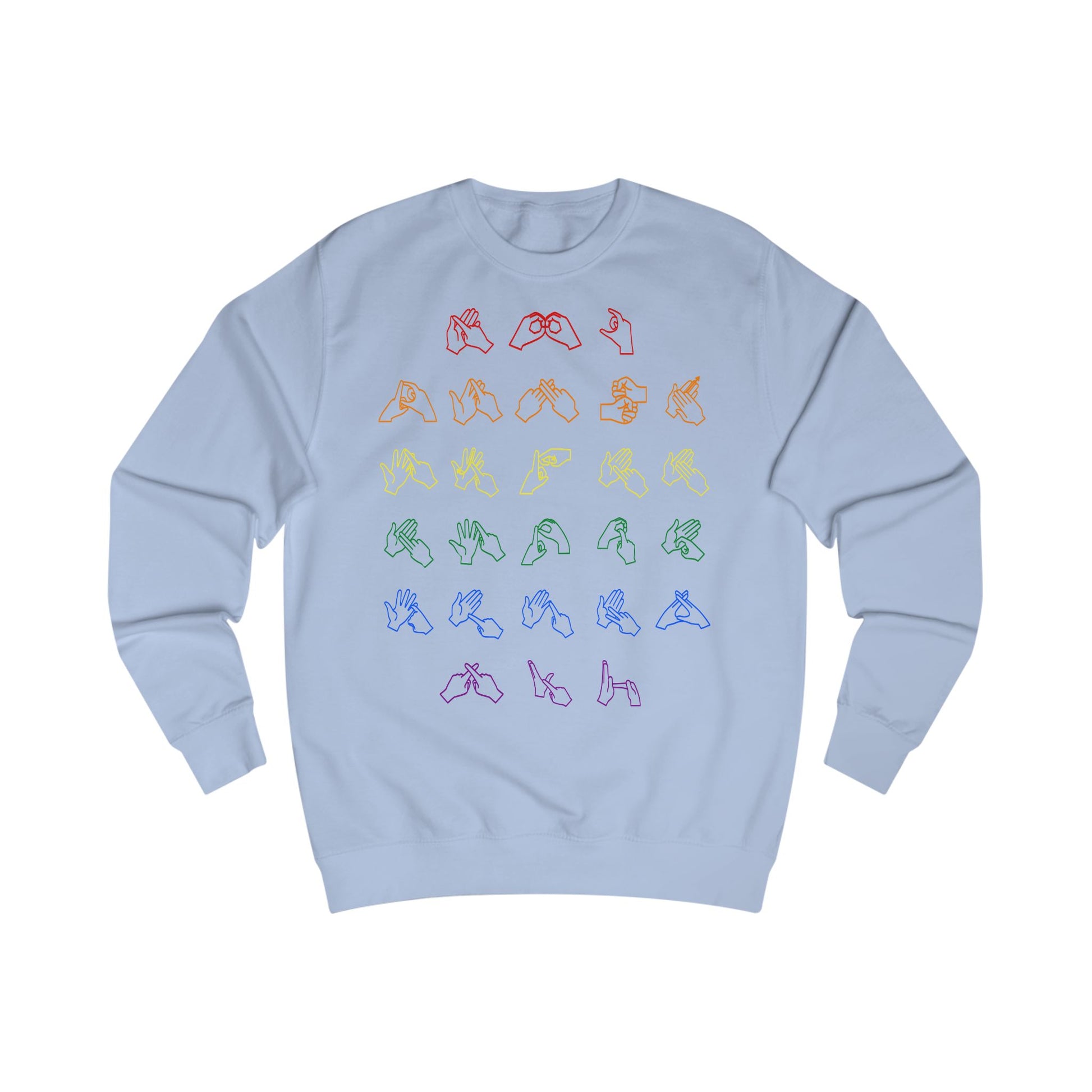 Front view of a sky blue sweatshirt with BSL Alphabet - Pride Fingerspelling