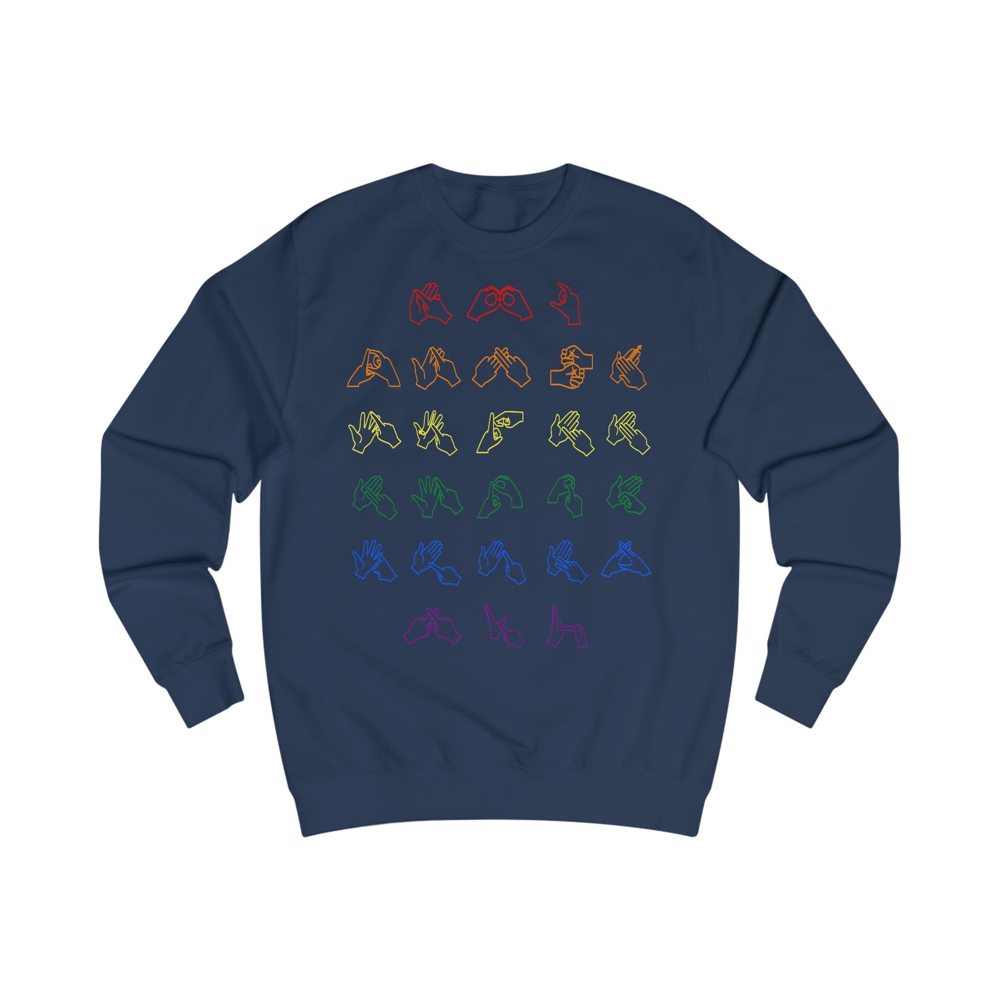 Front view of a oxford navy sweatshirt with BSL Alphabet - Pride Fingerspelling