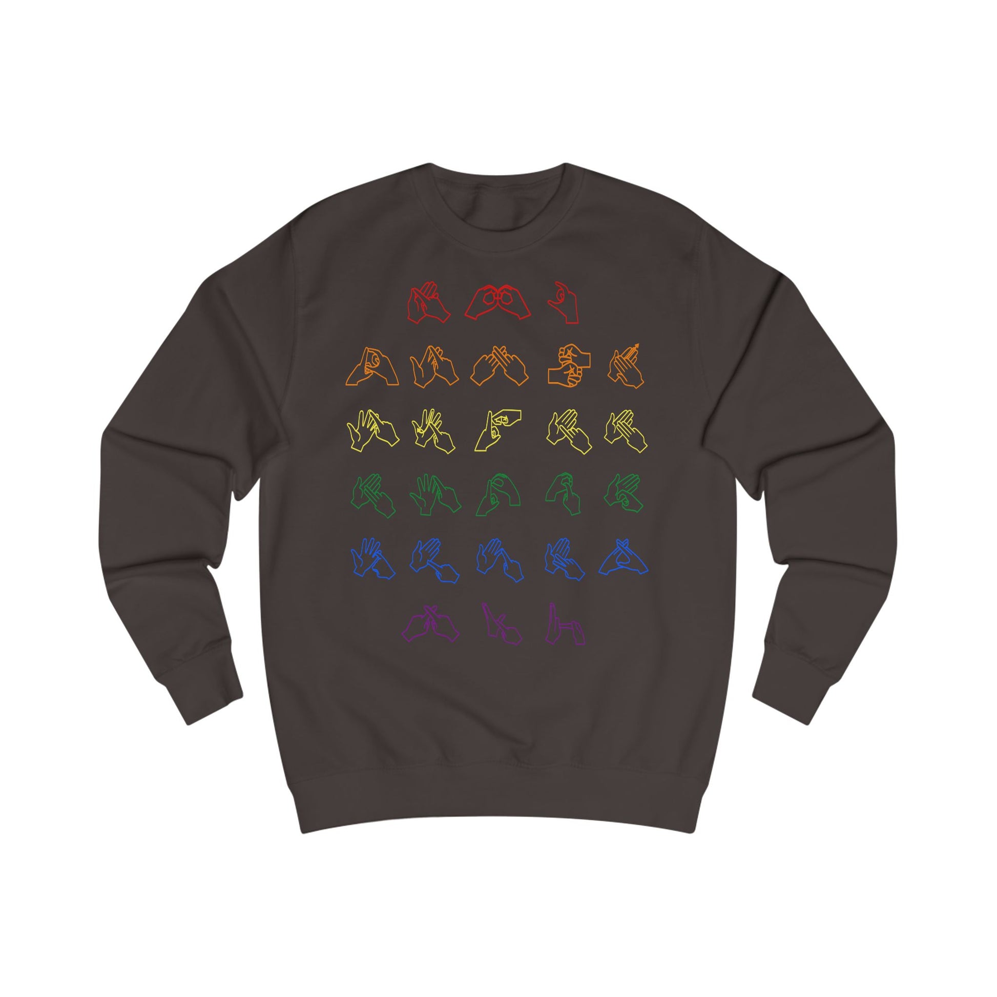 Front view of a hot chocolate sweatshirt with BSL Alphabet - Pride Fingerspelling