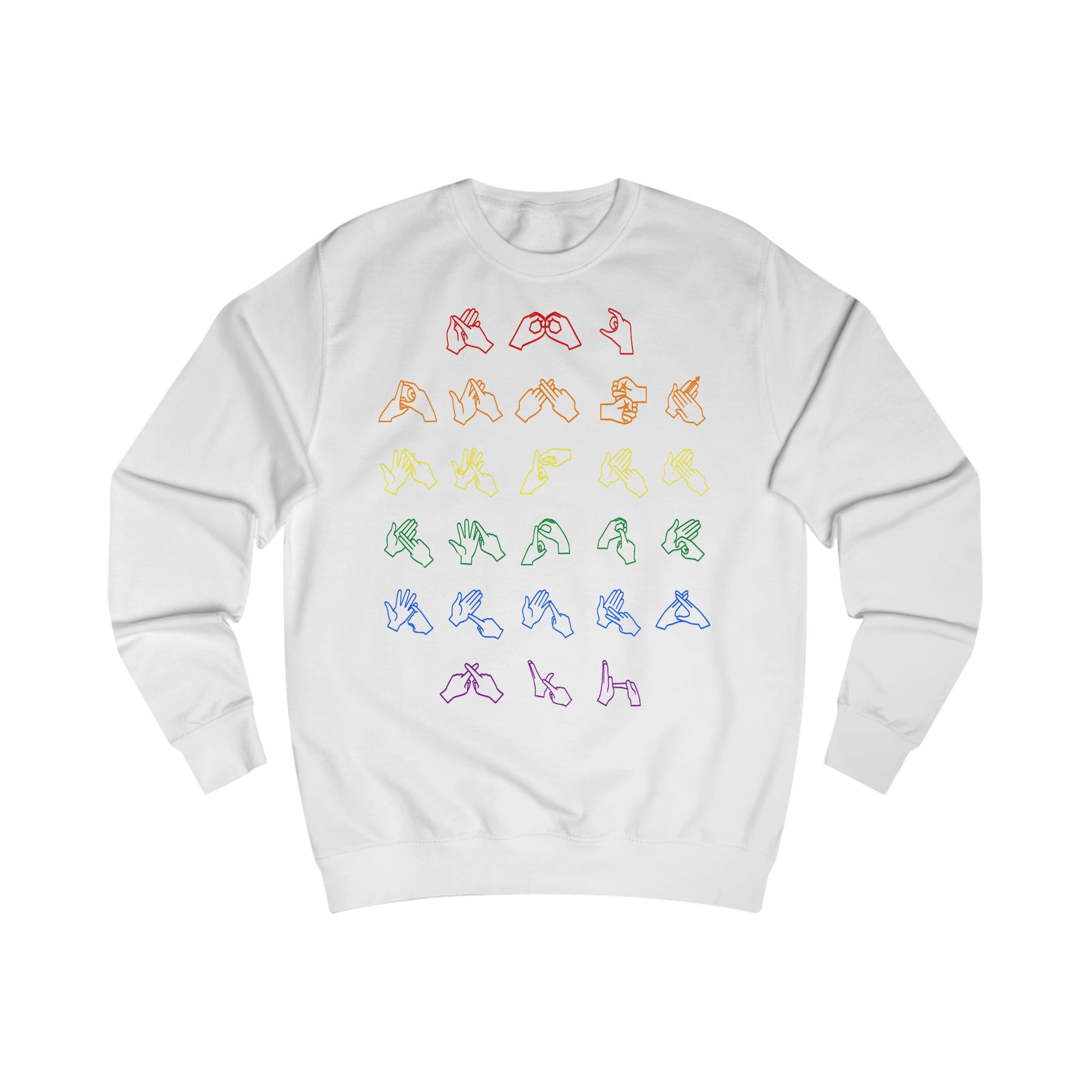 Front view of a artic white sweatshirt with BSL Alphabet - Pride Fingerspelling