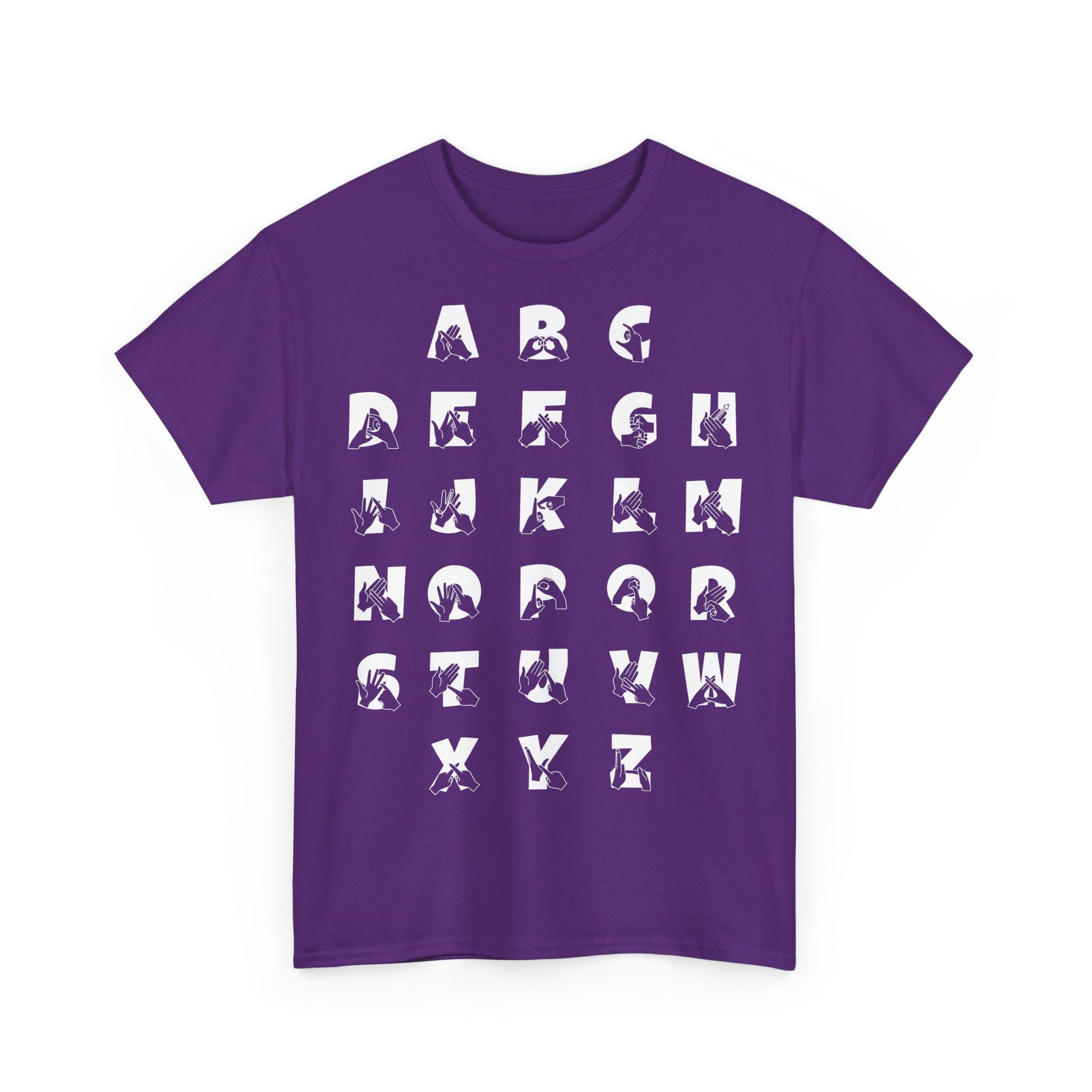 Front view of a Purple t-shirt with BSL Alphabet - White Fingerspelling & Text