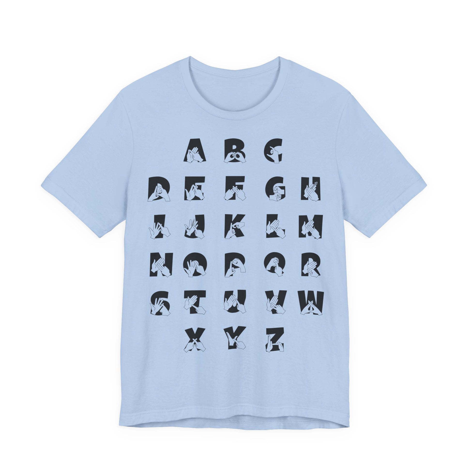 Front view of a baby blue t-shirt with BSL Alphabet - Black Fingerspelling & Text