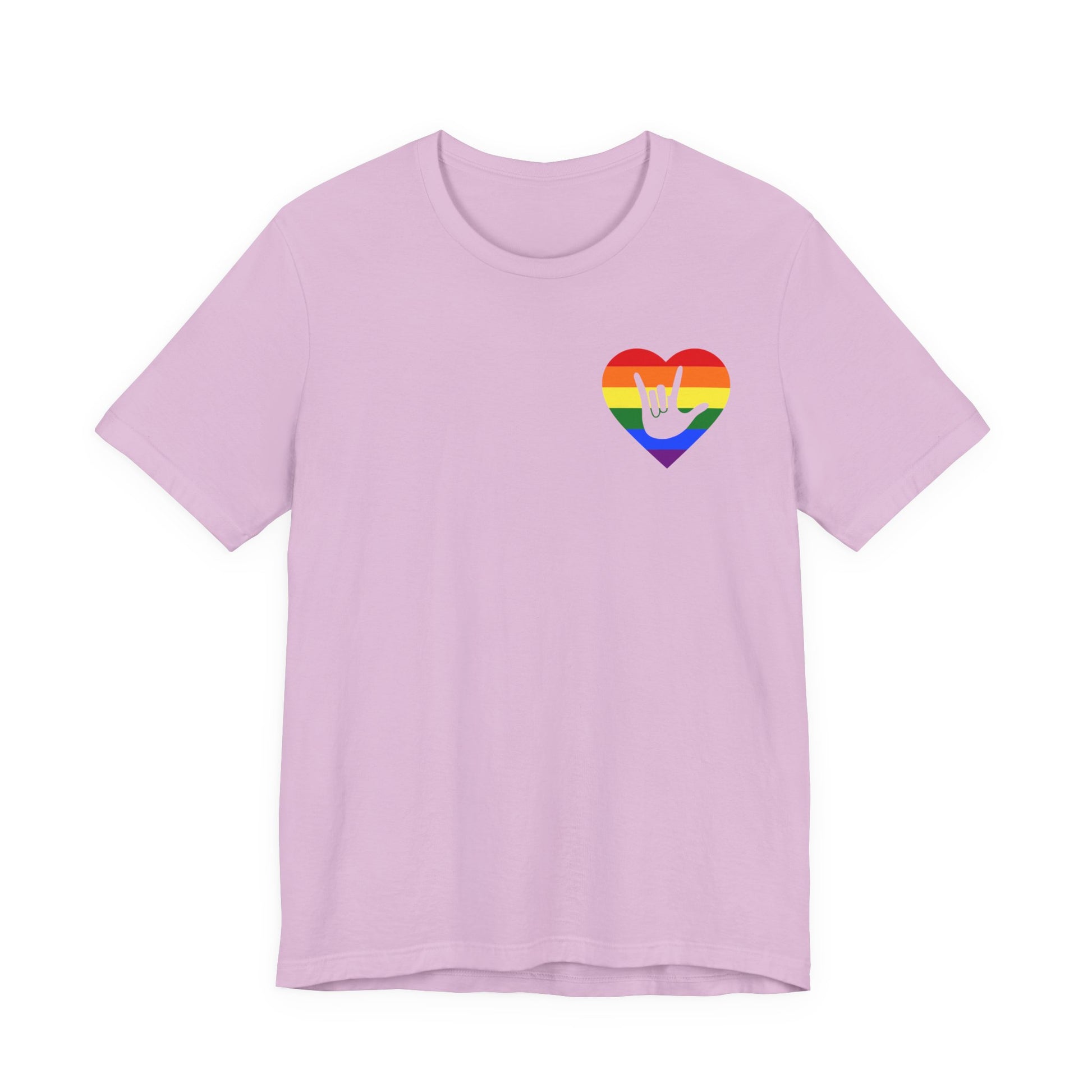 Front view of a lilac T-Shirt showing a pride coloured heart and the iconic ASL I Love You sign embedded in it on the left side of the chest