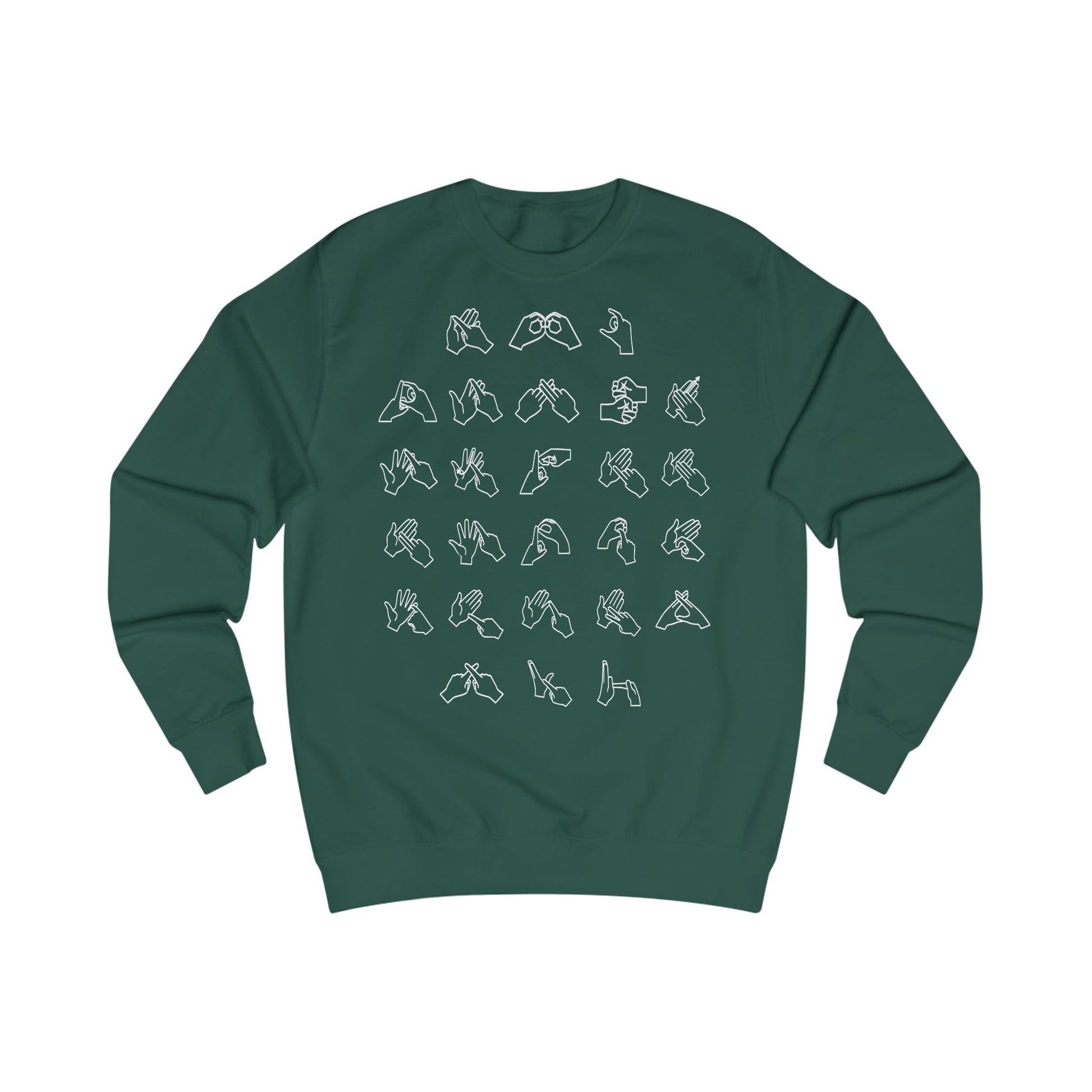 Front view of a bottle green sweatshirt with BSL Alphabet - White Fingerspelling