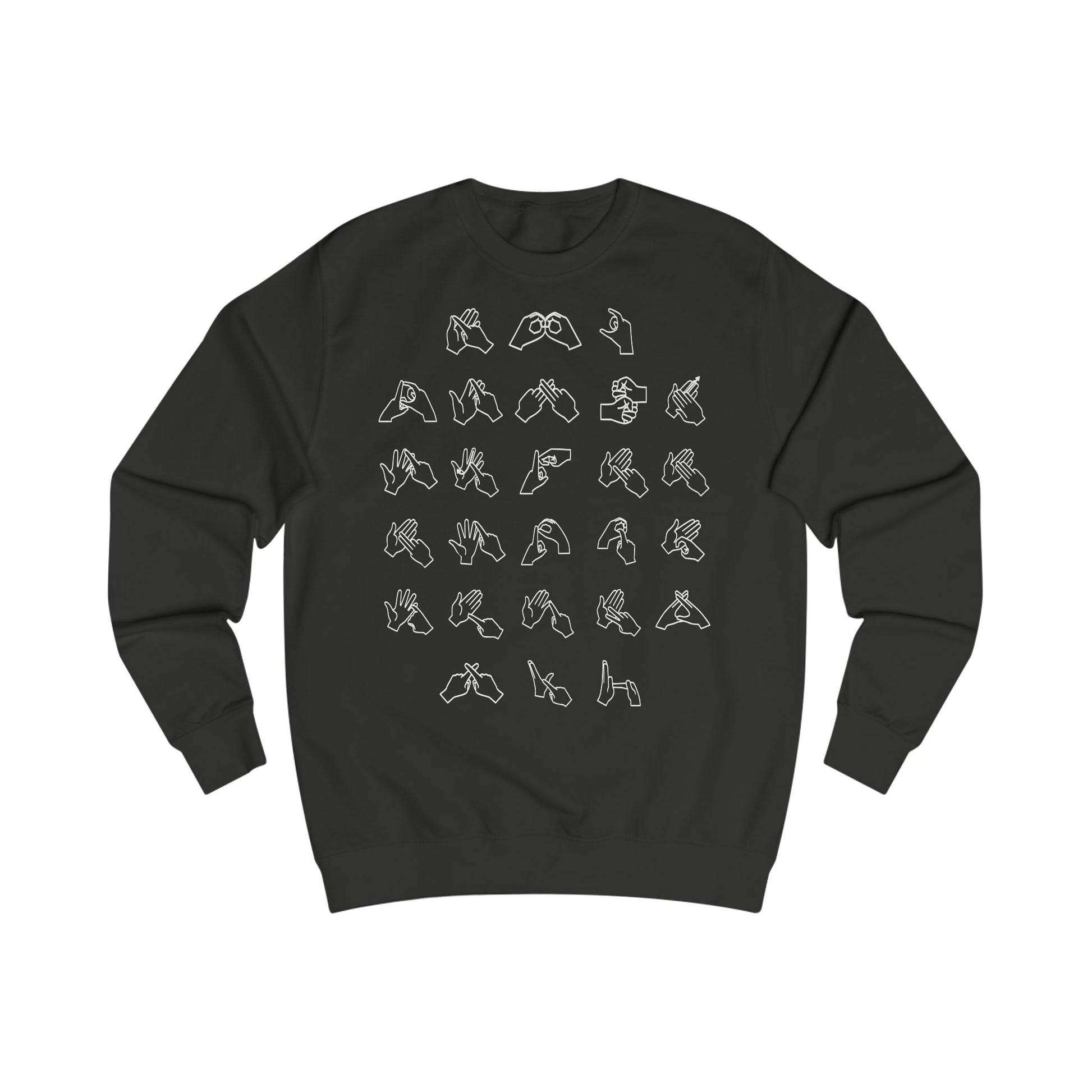 Front view of a jet black sweatshirt with BSL Alphabet - White Fingerspelling