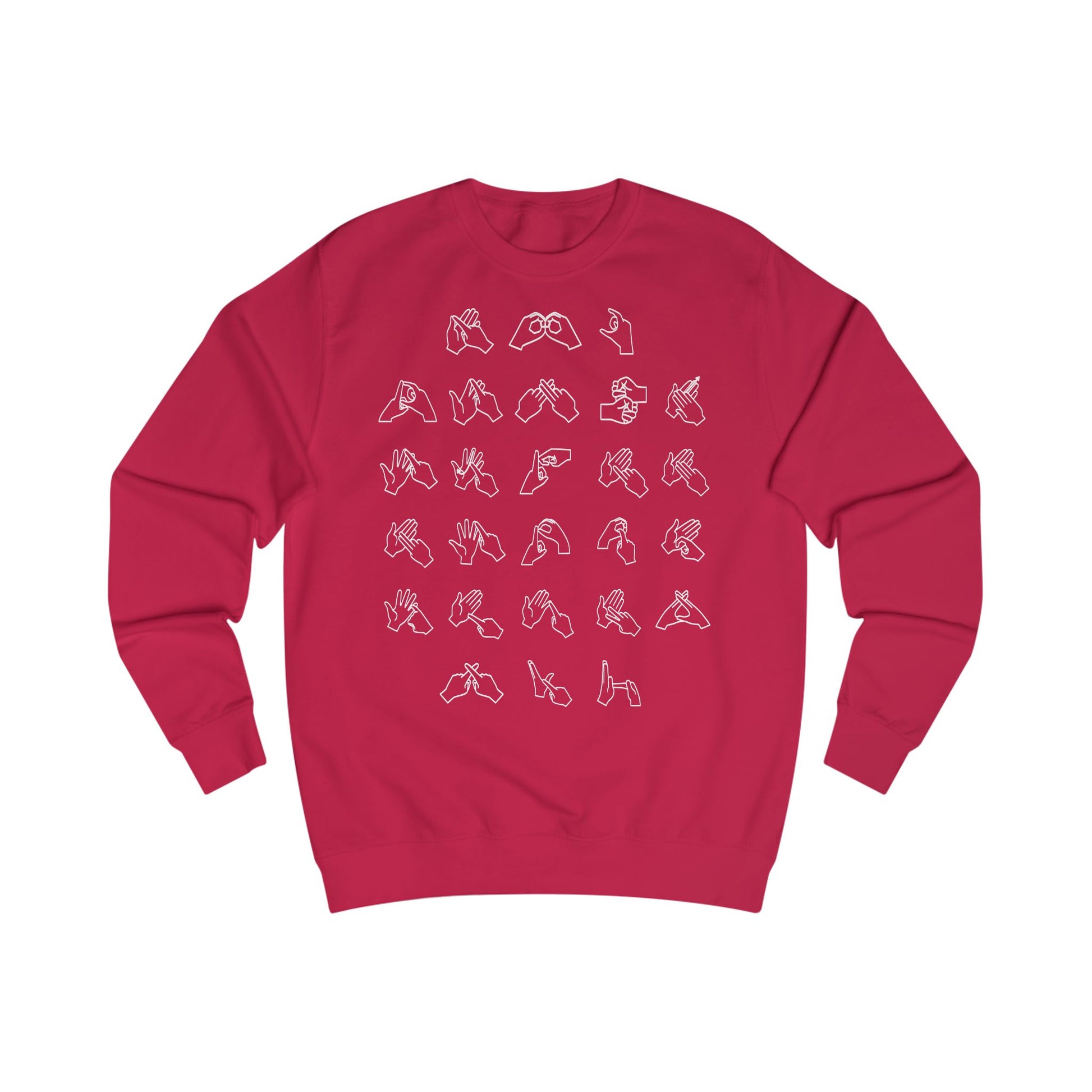 Front view of a fire red sweatshirt with BSL Alphabet - White Fingerspelling