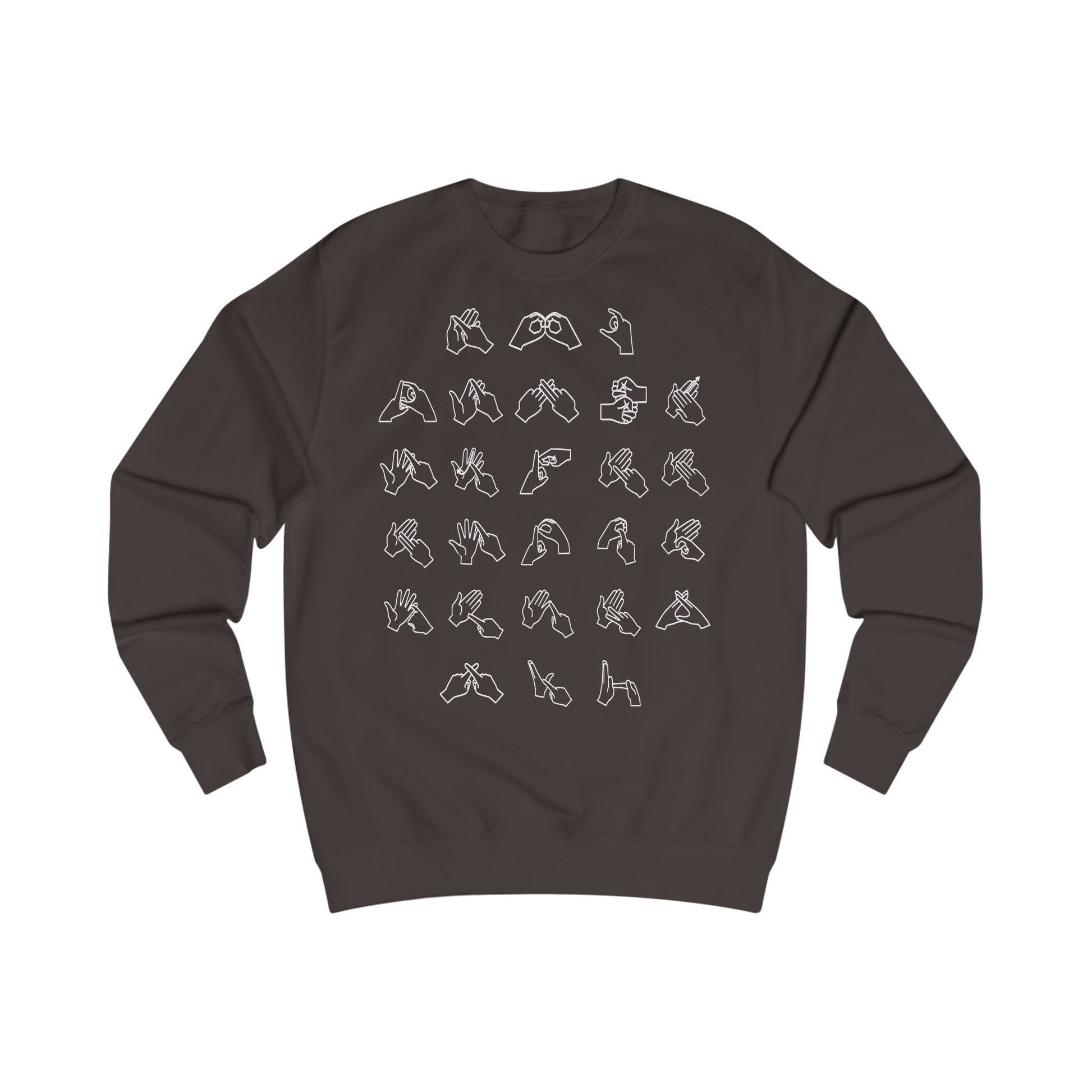 Front view of a hot chocolate sweatshirt with BSL Alphabet - White Fingerspelling