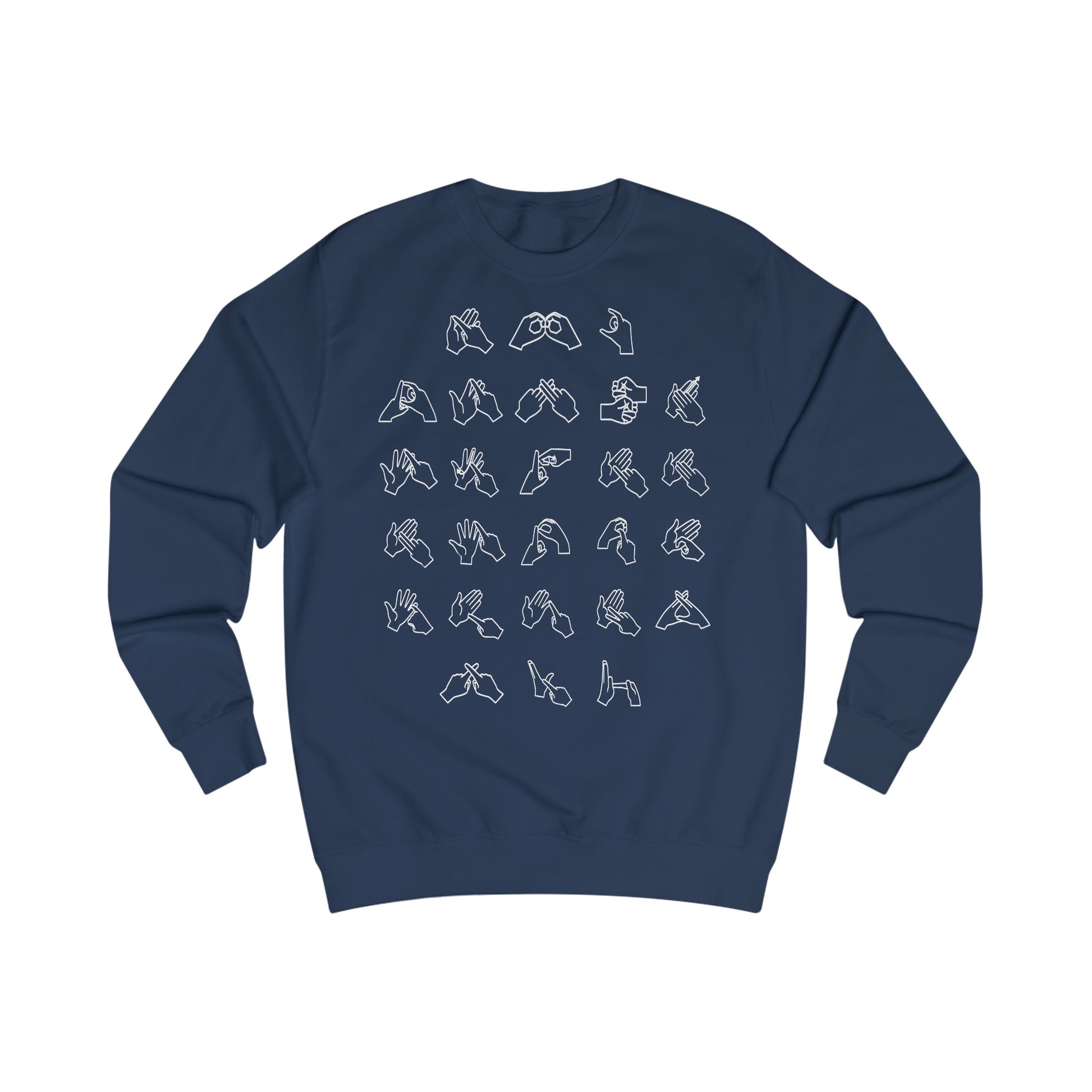Front view of a oxford navy sweatshirt with BSL Alphabet - White Fingerspelling